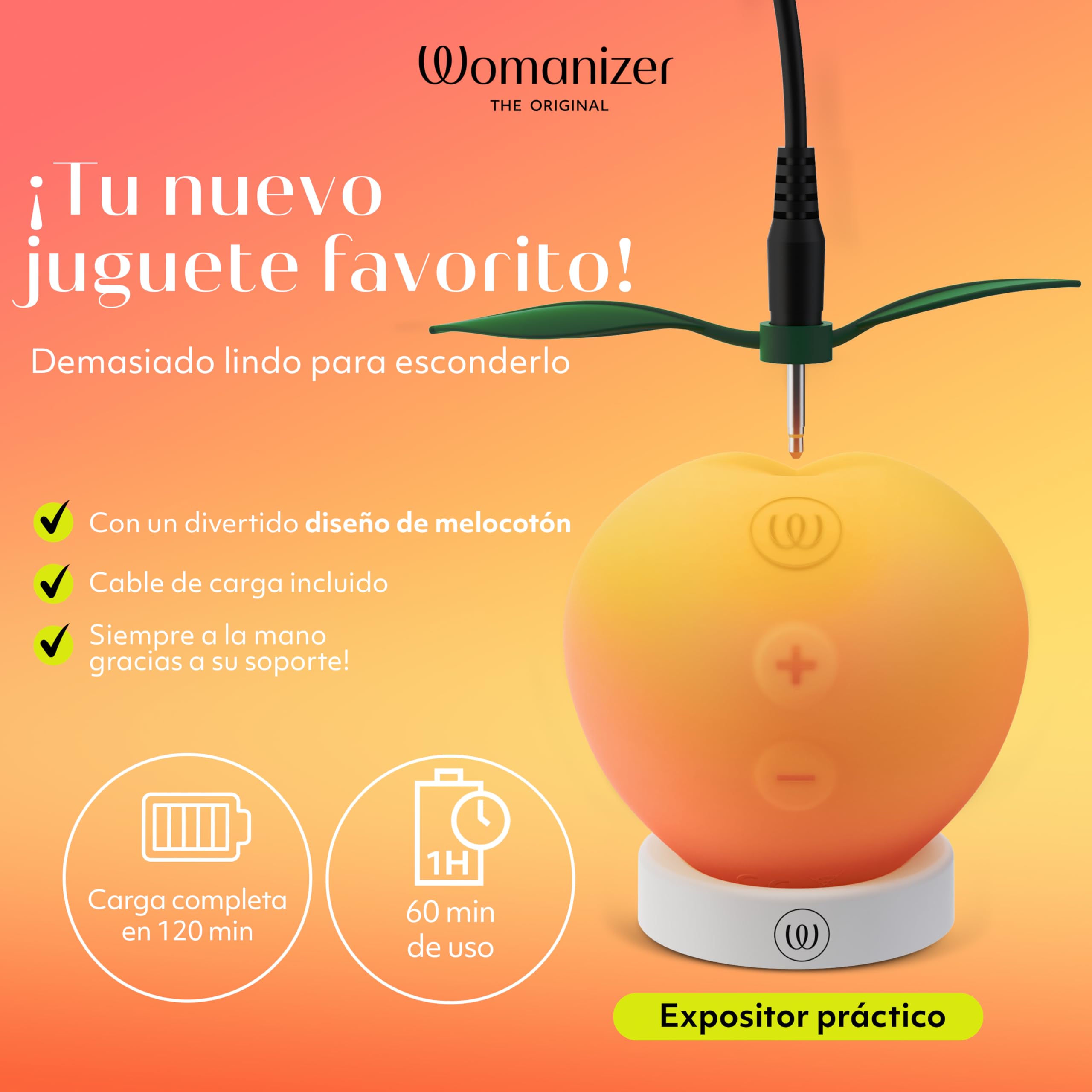 Womanizer Peach Succionador de Clítoris | Vibrador de Ondas de Presión Air Pulse | 14 Niveles | Cargador USB | Impermeable IPX7 | Cable de Carga y Base Soporte | Diseño Melocotón | Autonomía 60 min