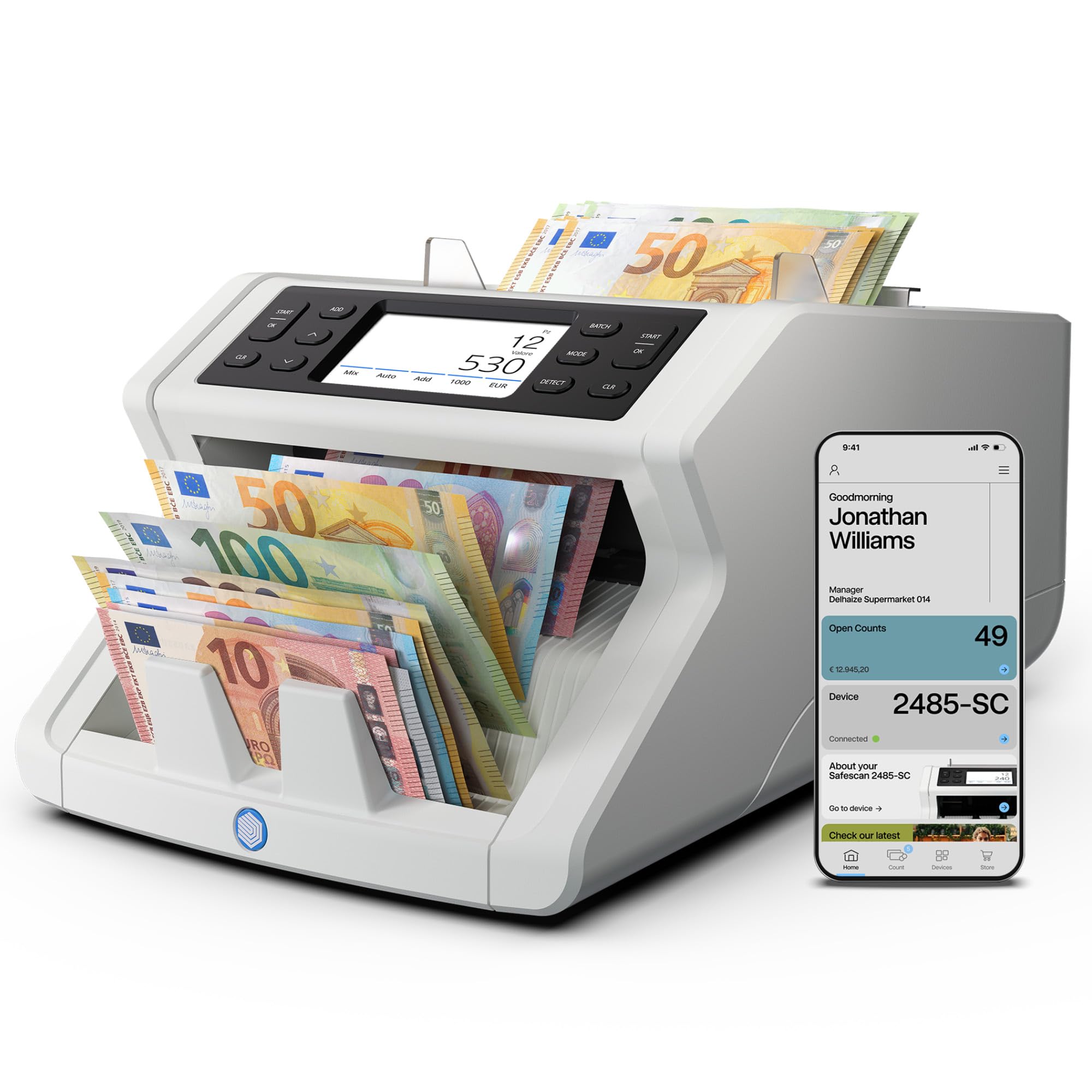 Safescan 2485-SC Contabanconote che conta il valore le banconote miste - Conta banconote con rilevatore di banconote falso a 8 punti - Macchina conta banconote con l'app gratuita Safescan | Contasoldi con l'app gratuita Safescan