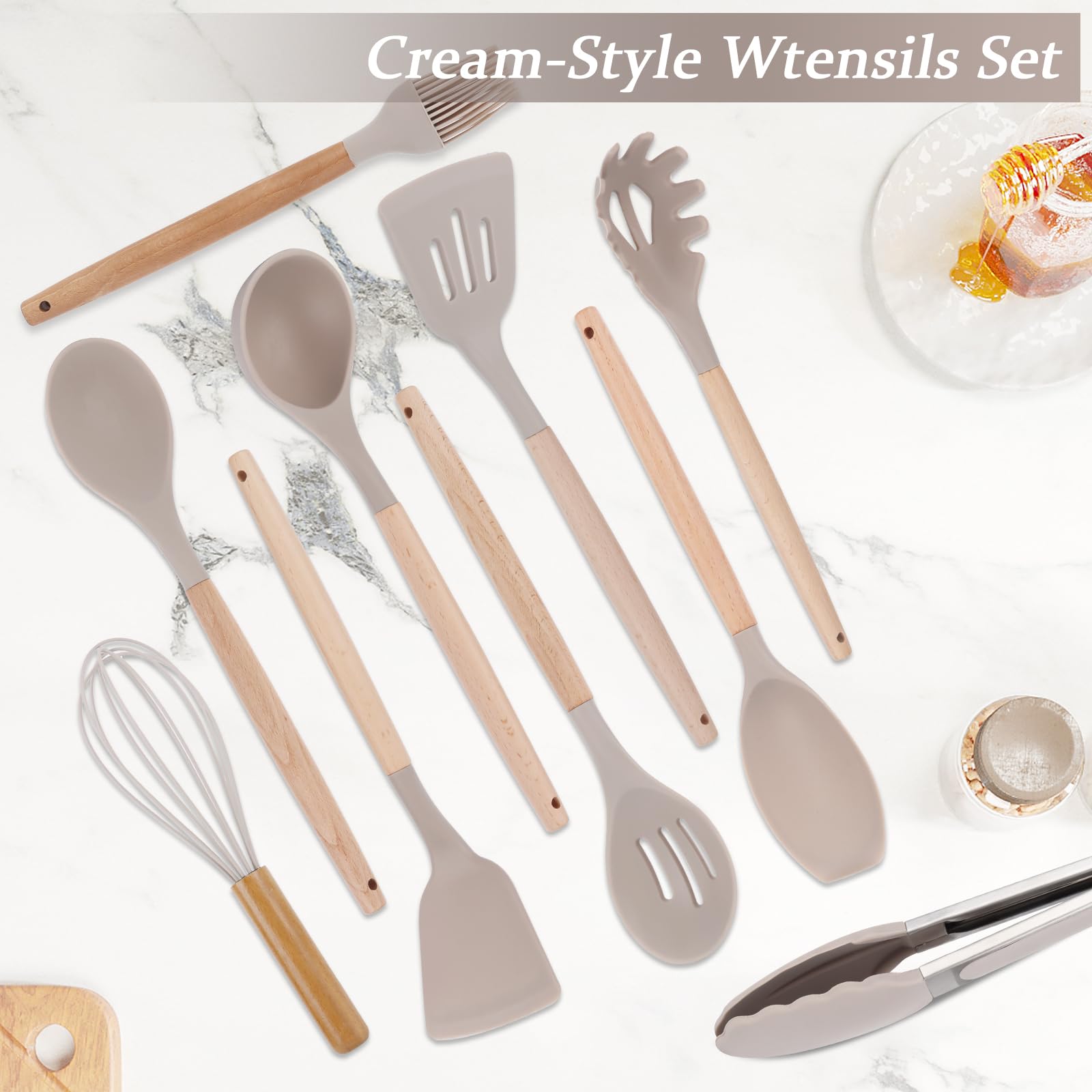 Set Di Utensili Da Cucina 11 Pezzi Set Di Utensili in Silicone Antiaderente Manico in Legno Combinato Resistente Al Calore Con 10 Pezzi Di Aggancio Elementi Essenziali Per La Cucina,A