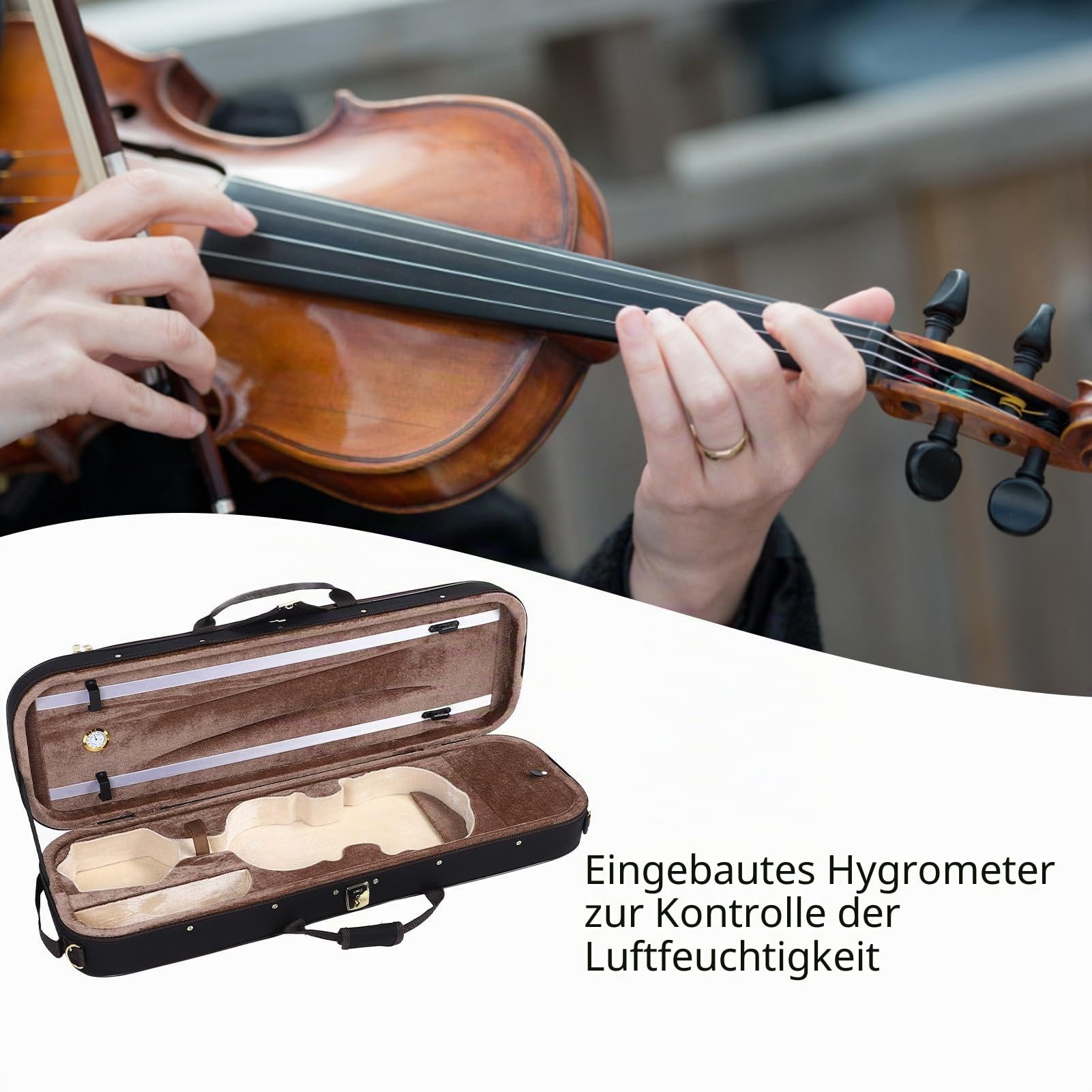 Geigenkoffer 4/4 voller Größe, 4/4-Geigenkasten mit Hygrometer, Hartschalen-Geigenaufbewahrungskoffer, Musikinstrumenten-Schutzkoffer