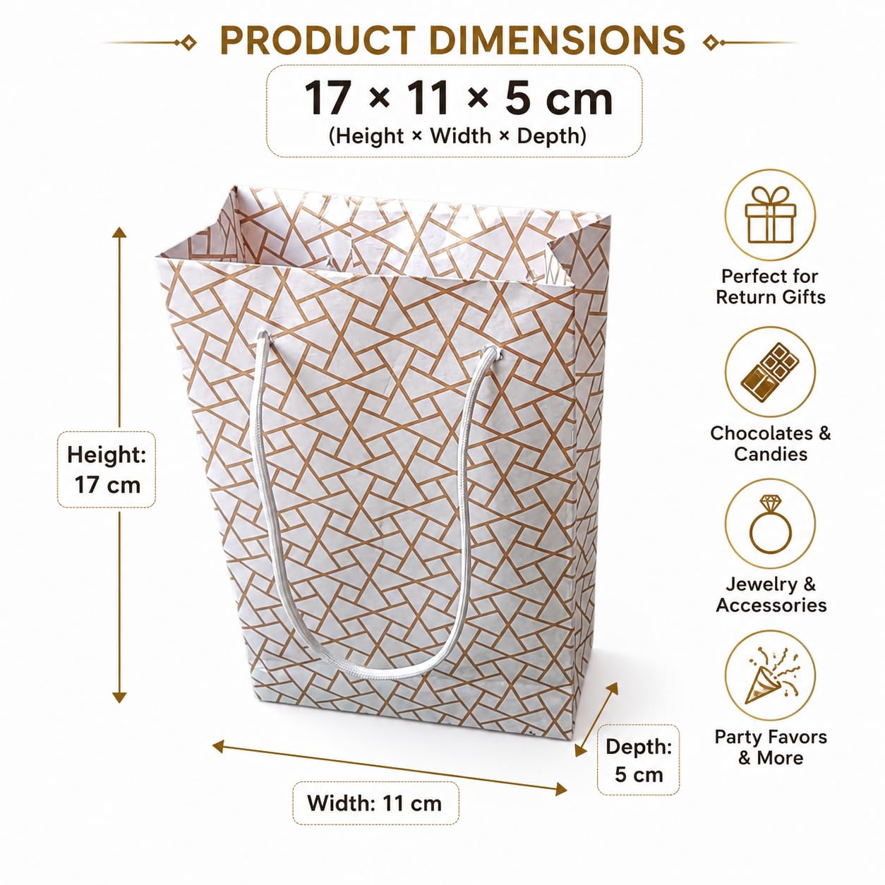 Elegant Paper Gift Bags with Rope Handles, Premium Geometric Print Return Gift Bags for Birthday Party Favors, Wedding Gifts, Baby Shower, Festivals, Chocolates & Small Gifts (Pack of 4)) 2