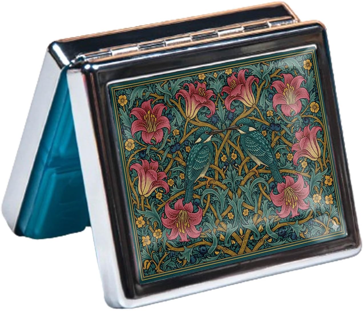 Pill Organizer Box with Mirror,8 Compartment Chrome Pill Case, Pocket-Size Travel Pill Container for Vitamins, Seniors, Daily Use,Rectangle 7 Days Pill Box Pill Case (Painted Birds)