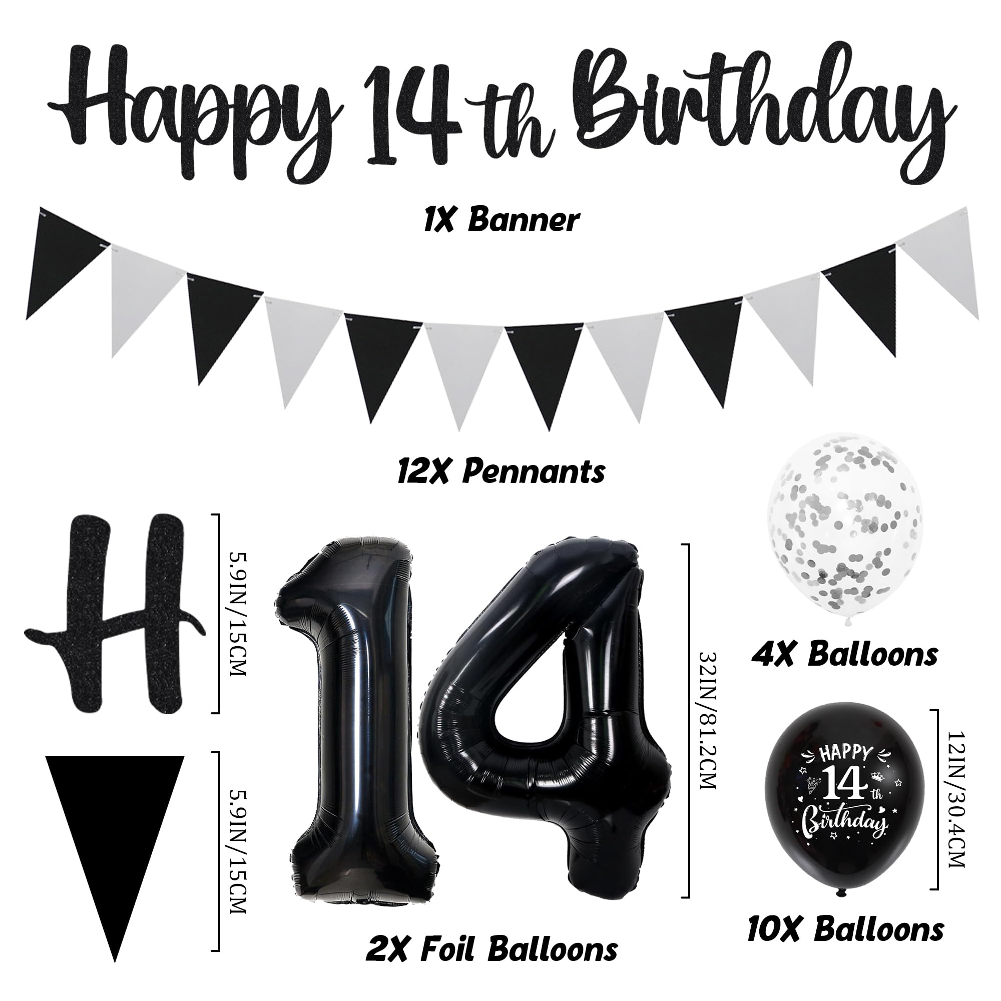 14th Birthday Decorations for Boys Girls - Black Silver Glitter Happy 14th Birthday Letter Banner and Pennant Flags, Number 14 Foil Balloons and Hanging Swirls for 14 Years Old Children Party Supplies - 2
