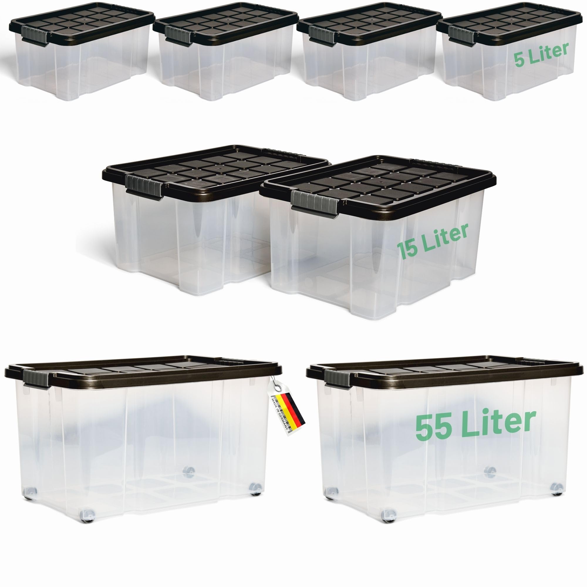 Novaliv - Set di 7 scatole portaoggetti con coperchio, colore antracite, 2 x 55 l, 2 x 15 l, 4 x 5 l, impilabili, con chiusura a clip, senza BPA