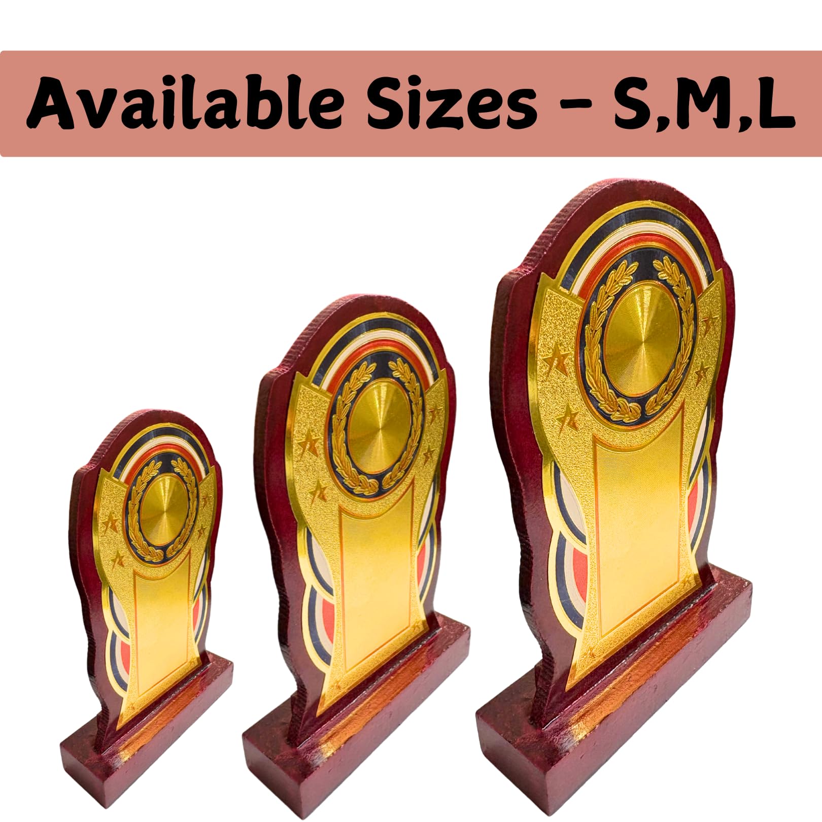 Art Deco Trophy Award Plaque, Gold and Burgundy, Decorative Display Stand, Wooden Stand, Wooden Polished, Logo Printing, Writings & Customisation Available (Set of 10, Large (6.5 inches)) 2