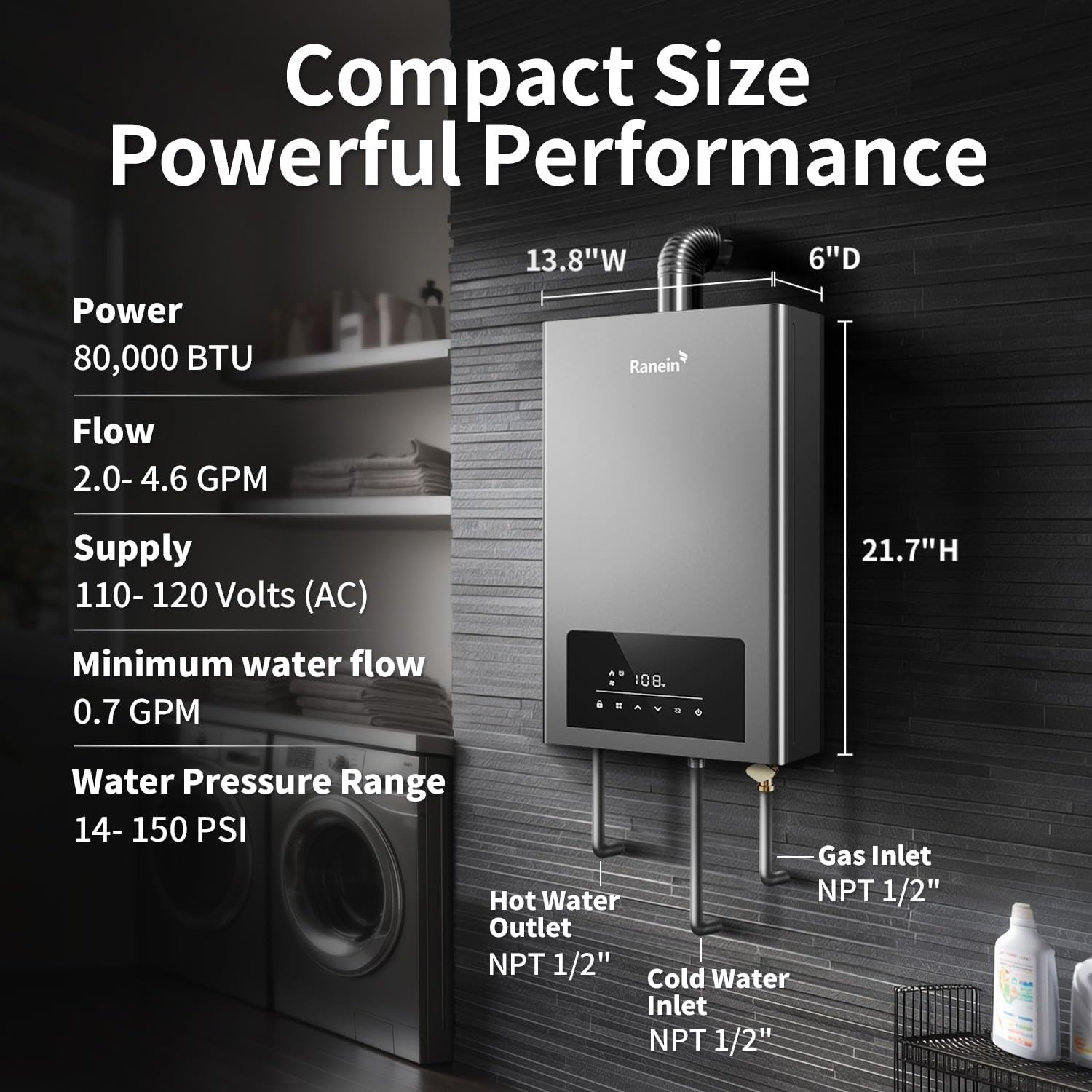 Ranein Tankless Water Heater with dimensions and specifications