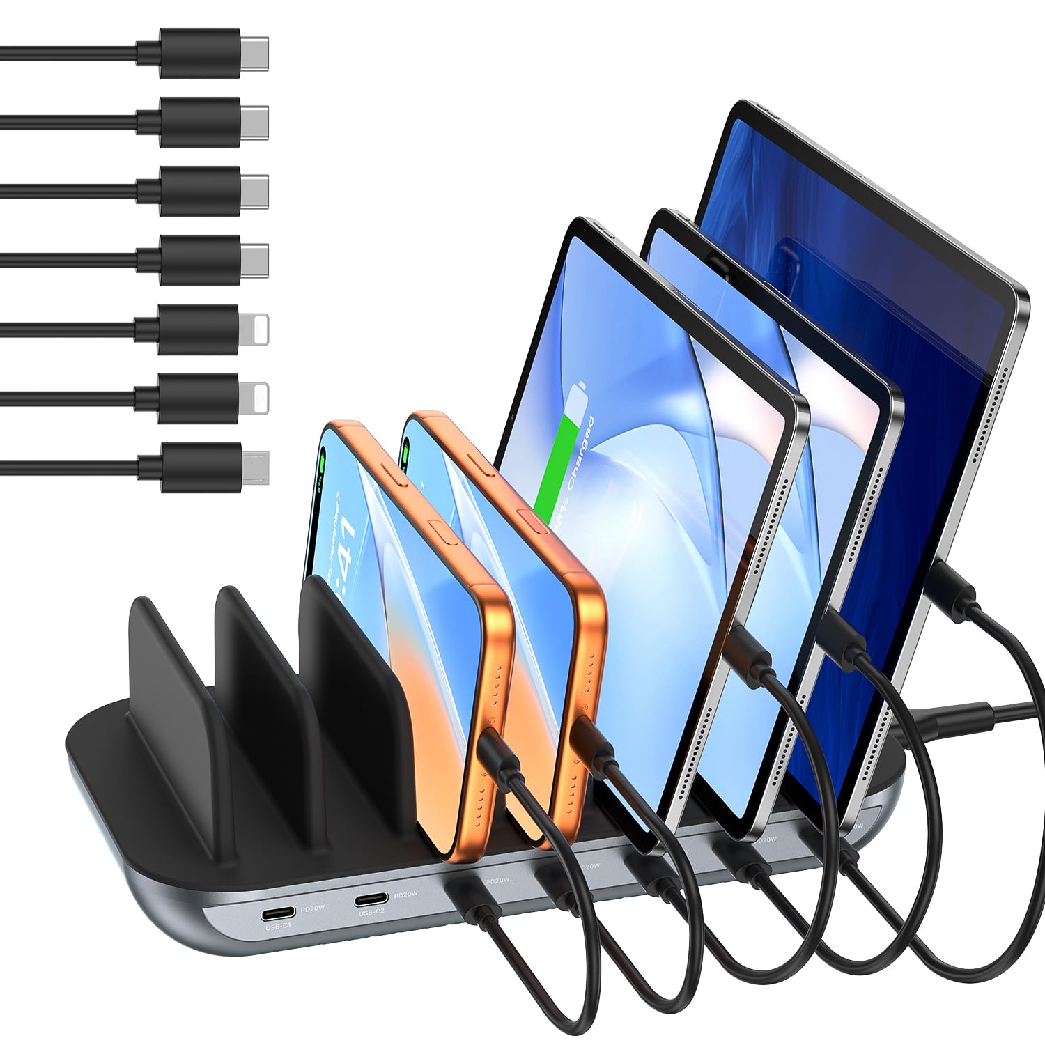 SooPii Premium 140 W 7-portowa stacja ładująca USB-C do wielu urządzeń, szybkie ładowanie 20 W PD na port do smartfona i tabletu, 7 mieszanych kabli w zestawie, czarna