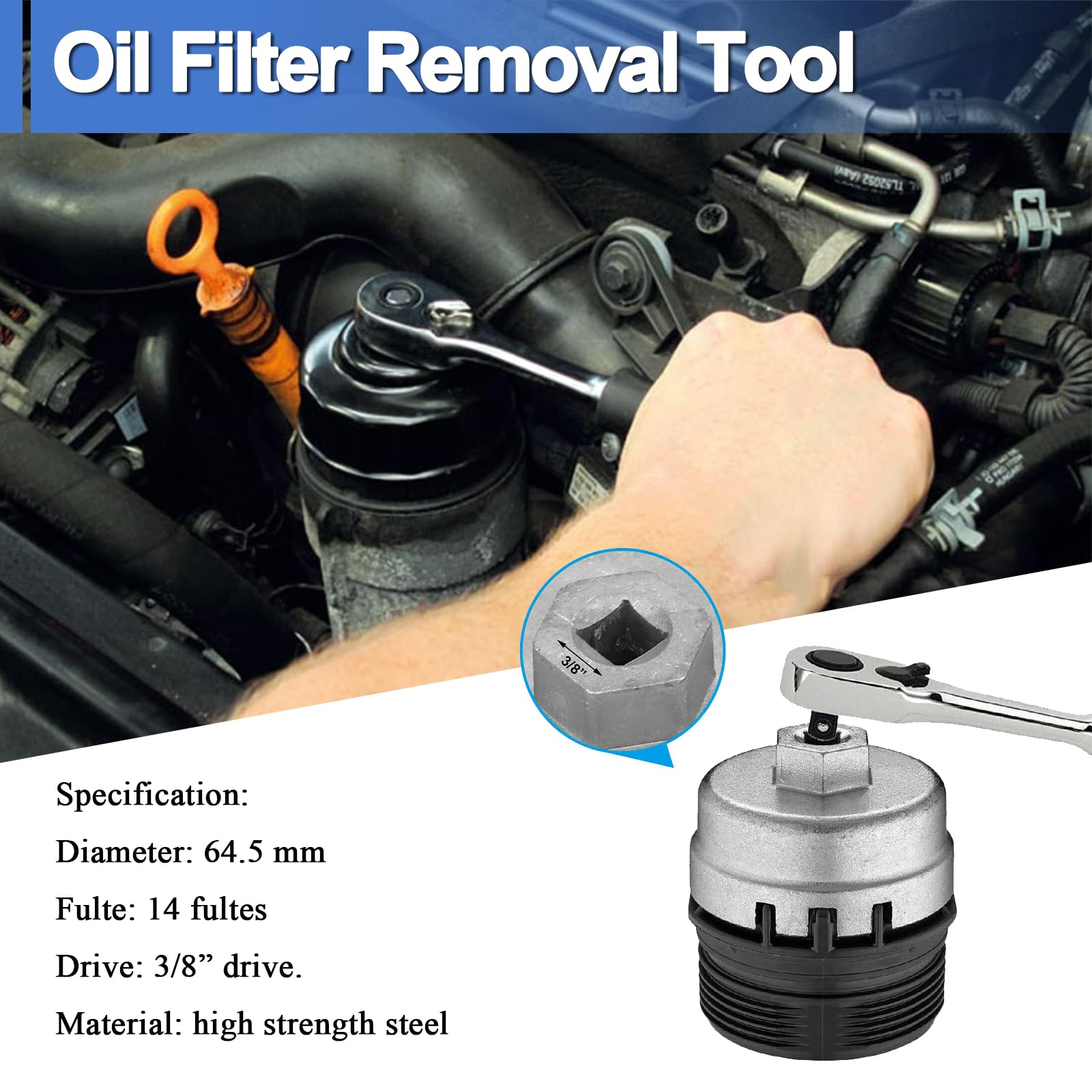 VISVIC Oil Filter Wrench, Fits for Toyota, Lexus, Scion 1.8L 4 Cylinder, 64mm 14 Flute 6 Slot Oil Filter Wrench Cap Housing Removal Tool, 903-QP-001