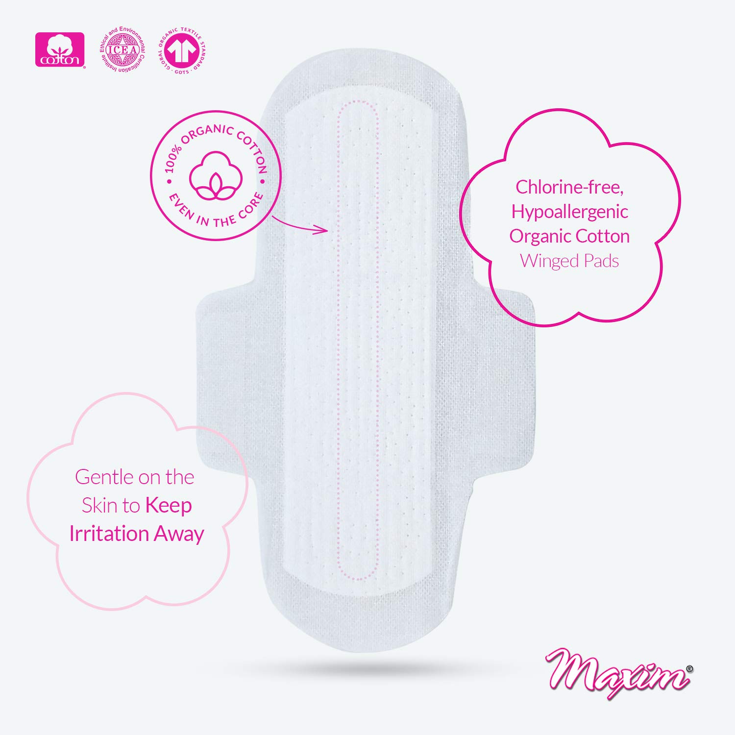 Maxim® 100% Certified Organic Cotton Ultra Thin Winged Pads, Unscented, Reg/Daytime Absorbency, with Leak Control Channels, Feminine Care Sanitary Napkins, 14 Count, 1 Pack
