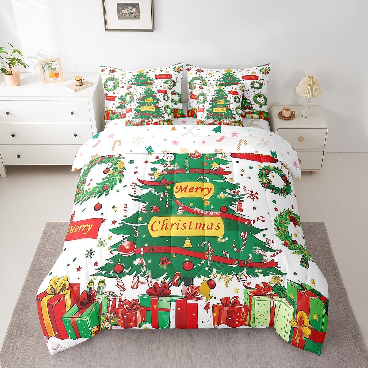 Christmas Cartoon Tree Comforter Set Twin Size,Merry