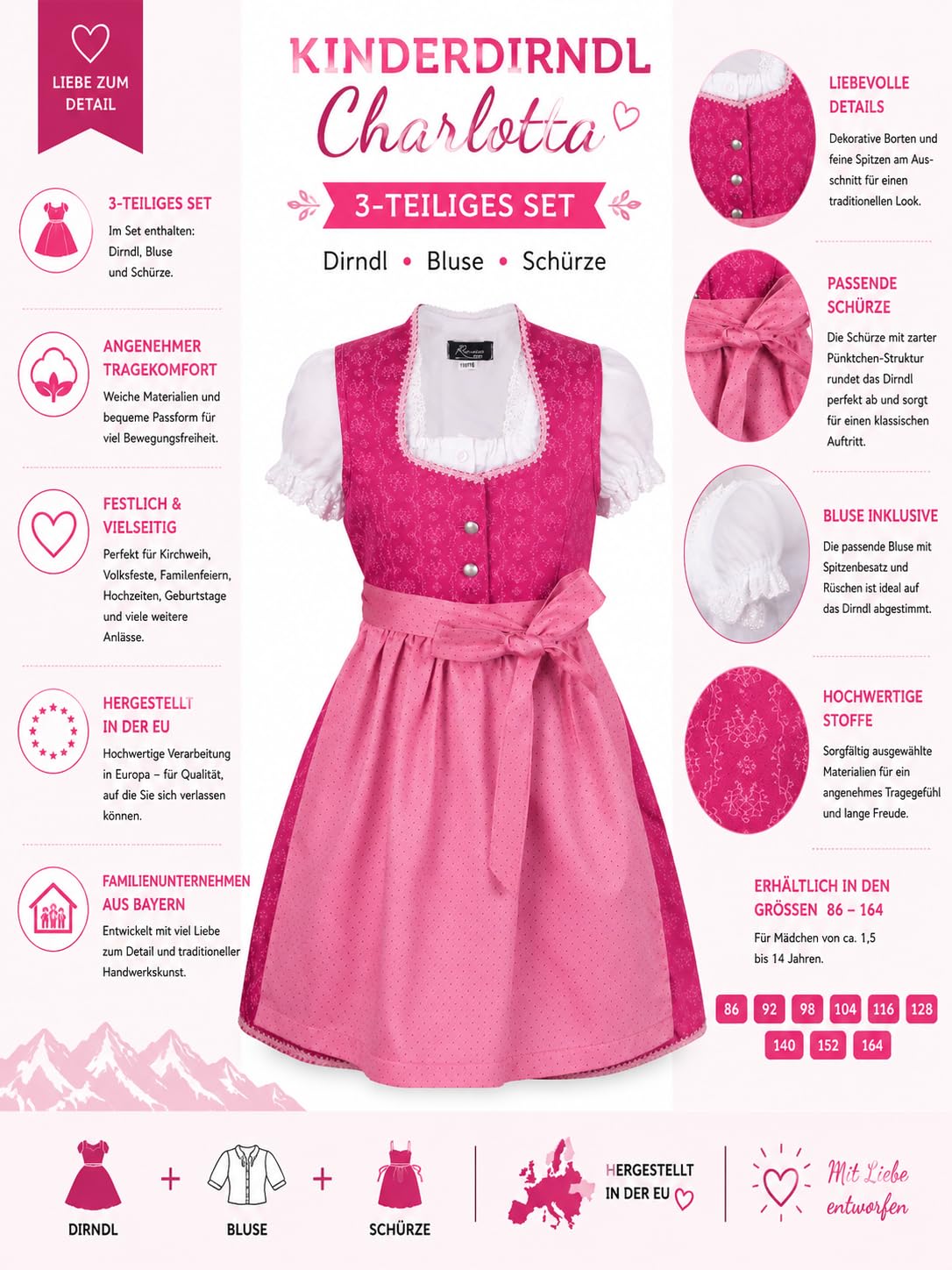 Ramona Lippert Dirndl Charlotta dziecięca Dirndl Dirndl różowa (110/116)
