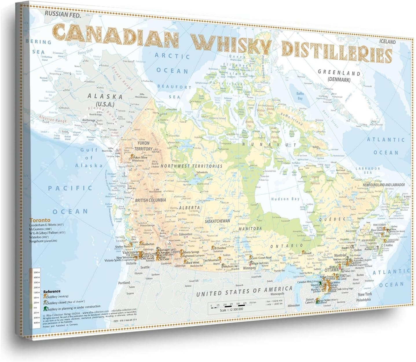 Canada Whisky Distilleries Map Poster - Detailed Art Print of Major Canadian Distilleries Locations - Wall Art for Home Bar, Living Room, Office Decor 16x24in Framed
