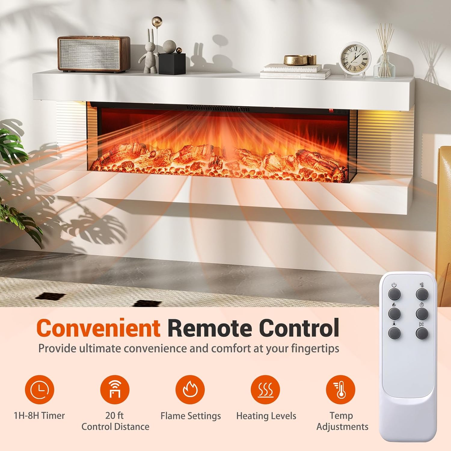 SIMOE 50-Inch Wide 3-Sided View Electric Fireplace with Floating Mantel, 12-Color Dimmable Flame & Ambient Light, 36-Inch Wall Mounted Fireplace (750/1500W) with Remote, 8H Timer, White