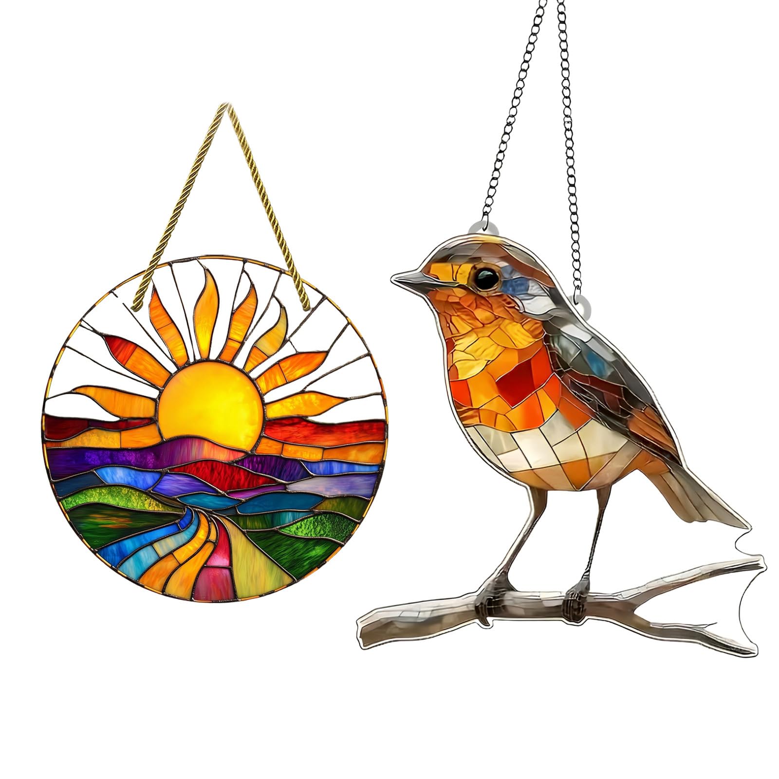 Rudfovn Light 2 Pcs Sun Catchers For Windows, 20X20cm Garden Stained Glass Window Hangings, Round Sun Landscape And Robin Suncatcher