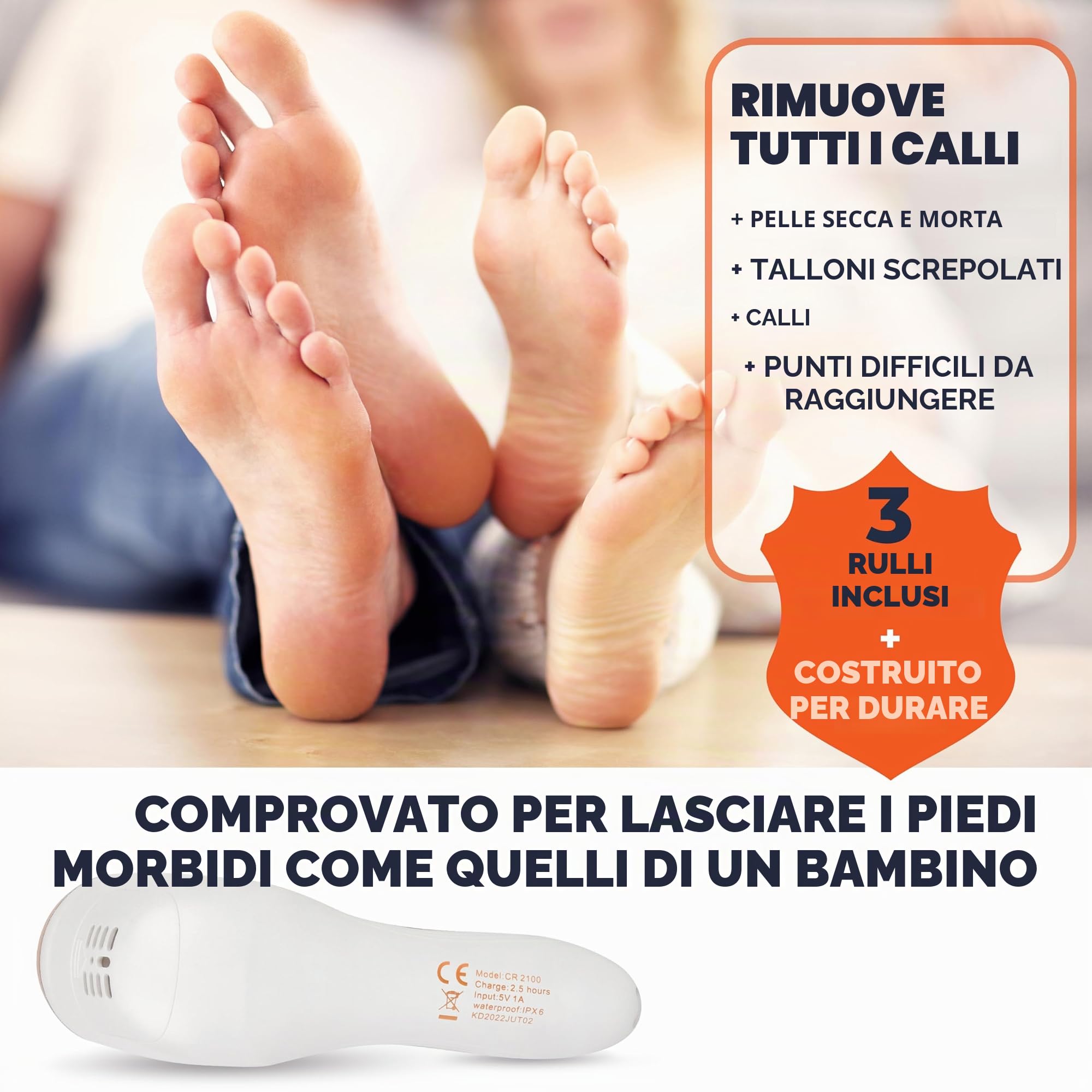 Own Harmony Roll Pedicure Elettrico Ricaricabile CR2100 - Cura dei Piedi Attrezzi Professionale per Talloni Screpolati e Pelle Secca - Potente Lima Elettrica per Calli e Duroni con 3 Rulli (Cavo USB)