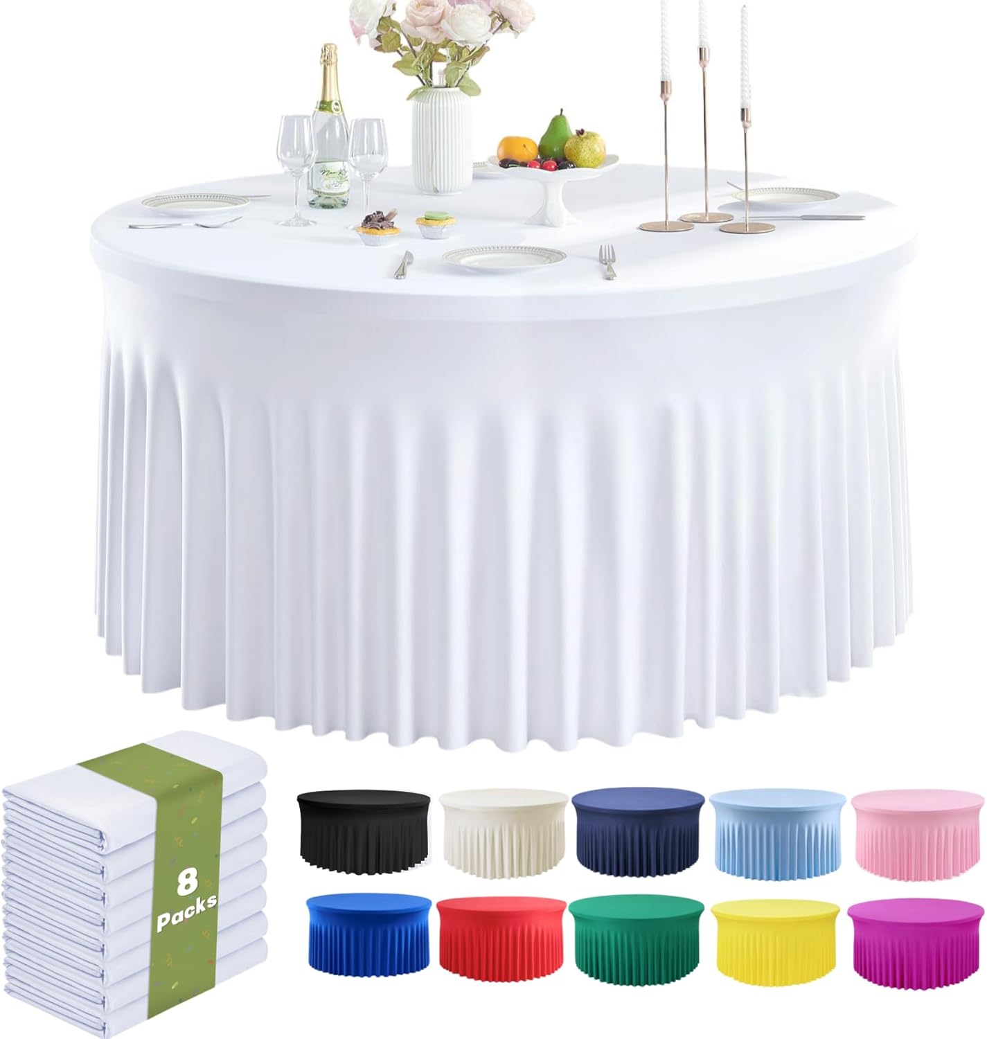 outpain 8 pack white round spandex tablecloths for 60in/5ft tables, 120inch stretchy fitted round table clothes,wrinkle free table cover with skirt for wedding party dining banquet