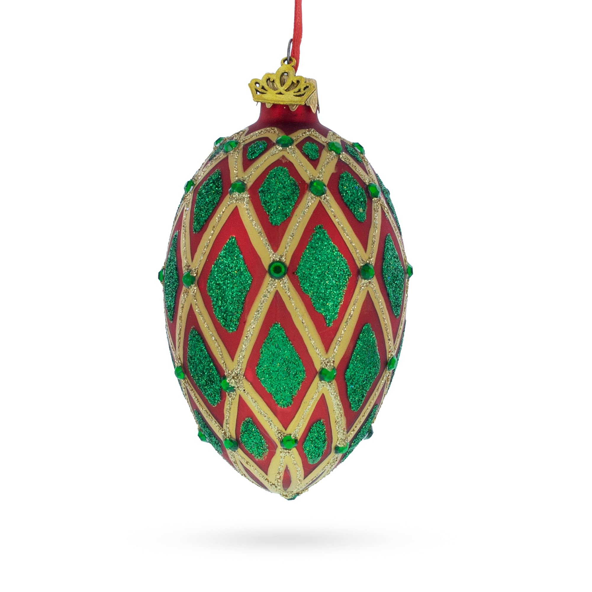 Adorno de Navidad de Huevo de Vidrio Rojo con IKAT Verde Joya de 4 Pulgadas