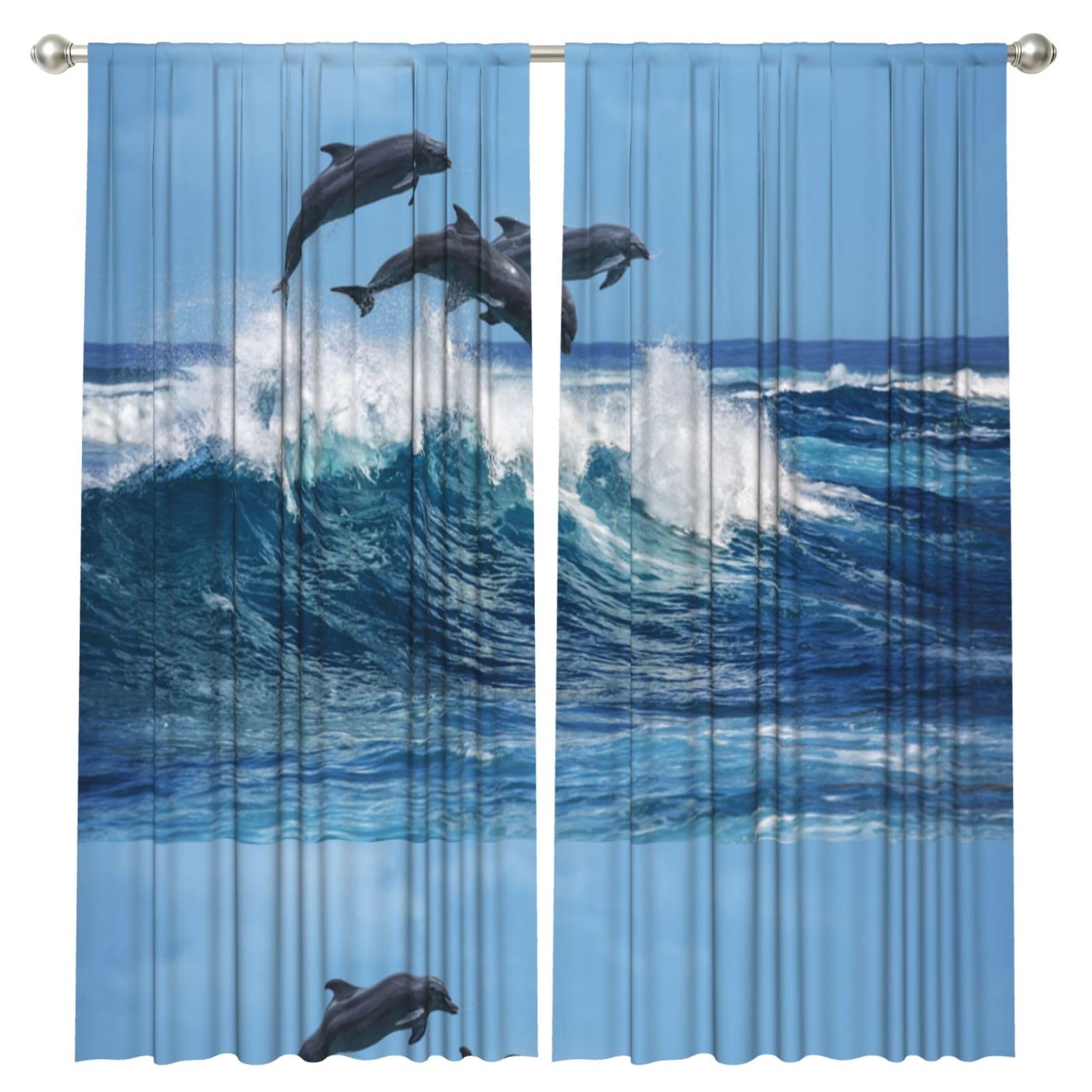 InOmak Ocean Wave Dolphins, 2 Panels Window Curtains 52 x 84 Inch Blackout Curtains for Living Room Bedroom