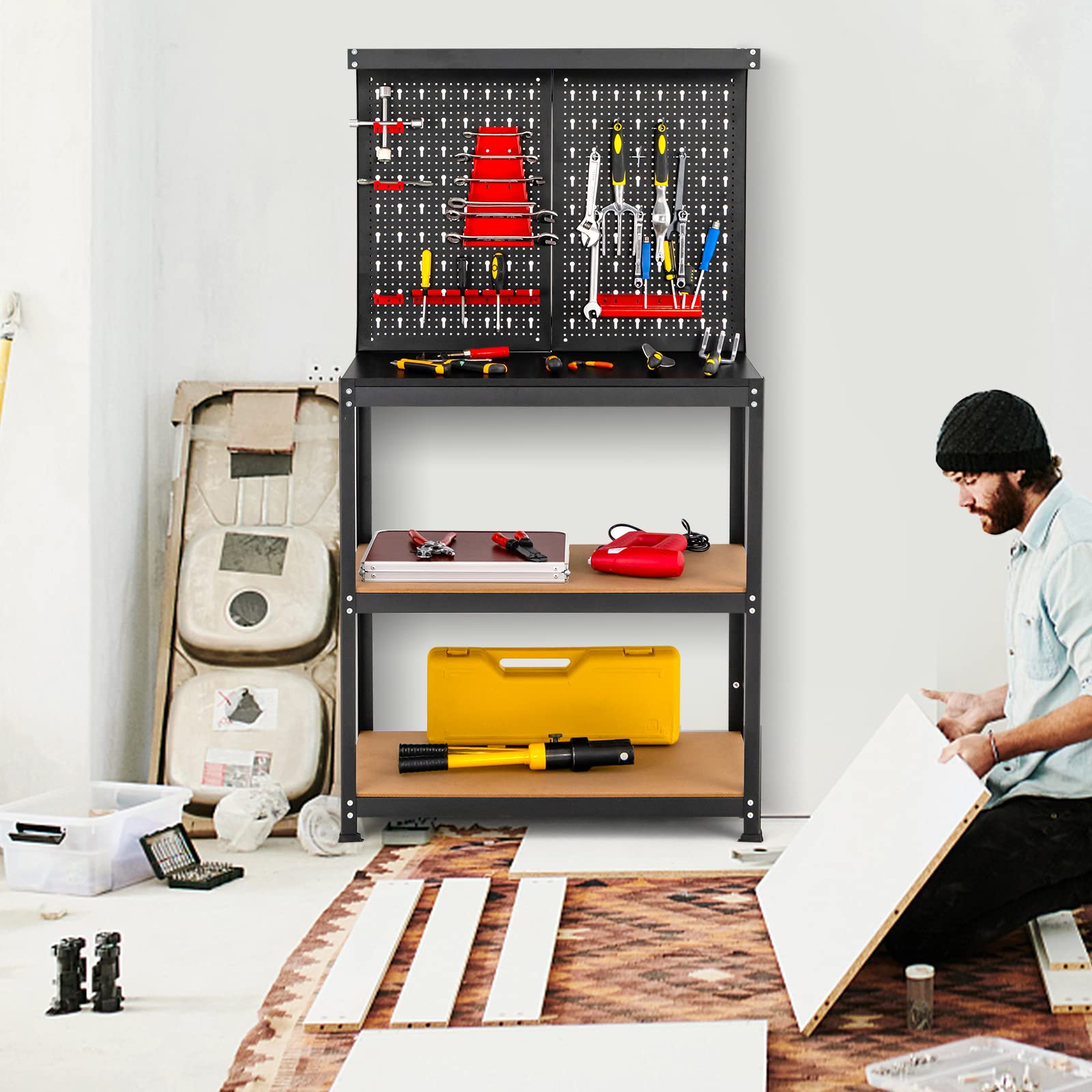 GOPLUS Banco de Trabajo Taller, Carga 100 kg, 810 x 410 x1555 mm, Mesa de Herramientas Carga con Tablero Perforado Metal, Estante Abierto, 14 Accesorios para Colgar (Negro+ Rojo Panel)
