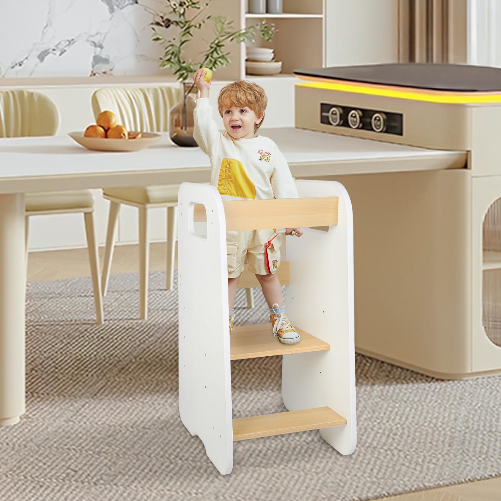 Scala Montessoriana per Bambini Torre di Apprendimento 80x50x40 cm Bianco Naturale con Lavagna 3 Altezze Regolabili Antiscivolo Antiribaltamento Portata 50 kg