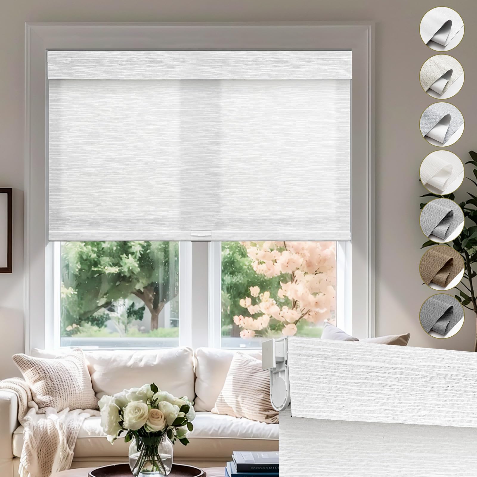 Moonice No Drill No Tools Cordless Roller Blinds for Windows Light Filtering Shades Valance Jacquard Linen Fabric Room darkening shade Privacy Blind for Home Bathroom(Beige,105cm W x 180cm H)