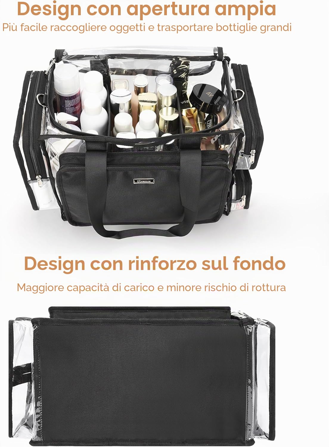 Relavel Borsa da trucco trasparente XXL – Set cosmetico professionale per truccatori e parrucchieri, organizer da viaggio con scomparti regolabili, borsa trasparente per la spiaggia e gli articoli da
