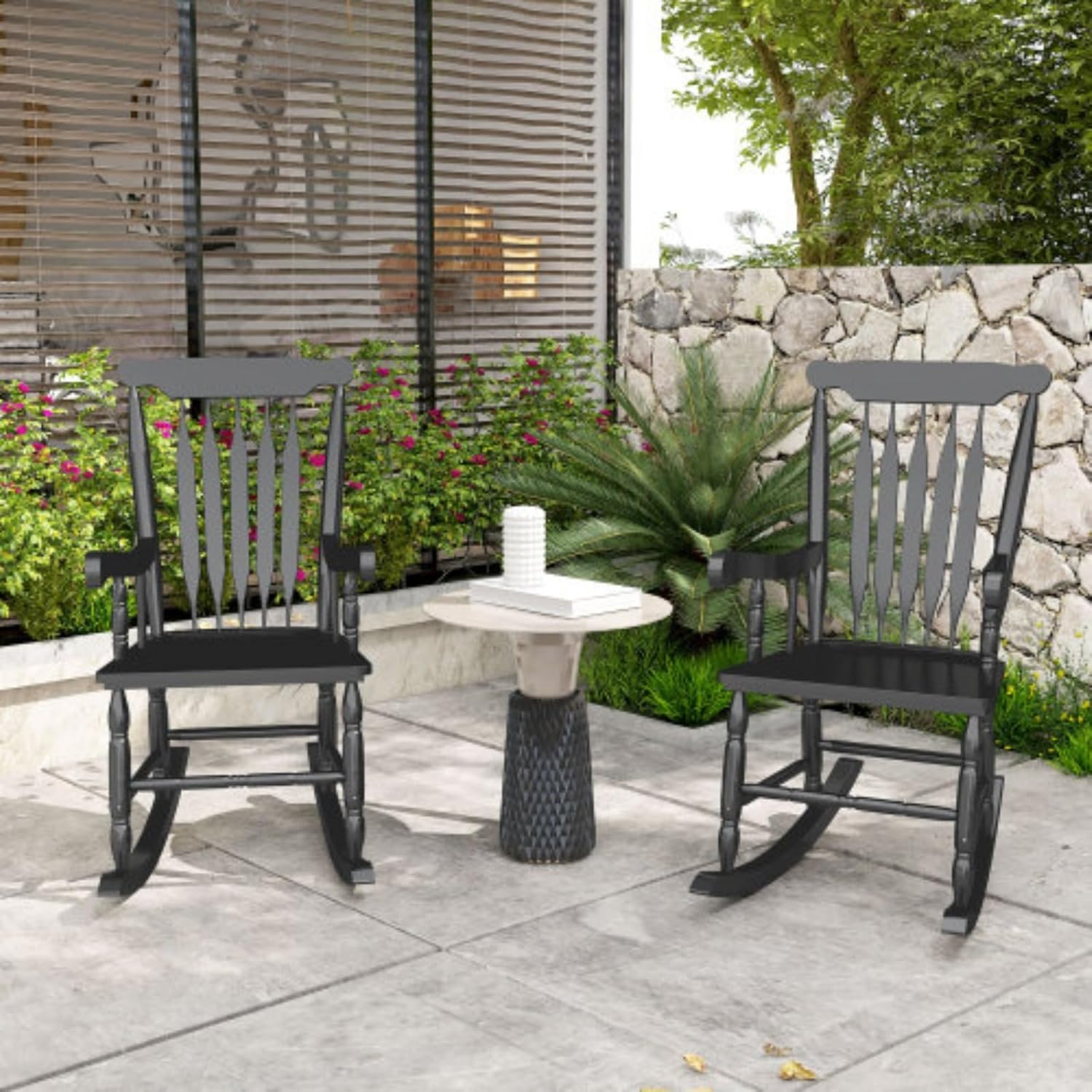 Outdoor Wooden Rocking Chair Set of 2, Lounge Chair, Porch Rocking Chair with High Back for Garden, Patio, Balcony, Black