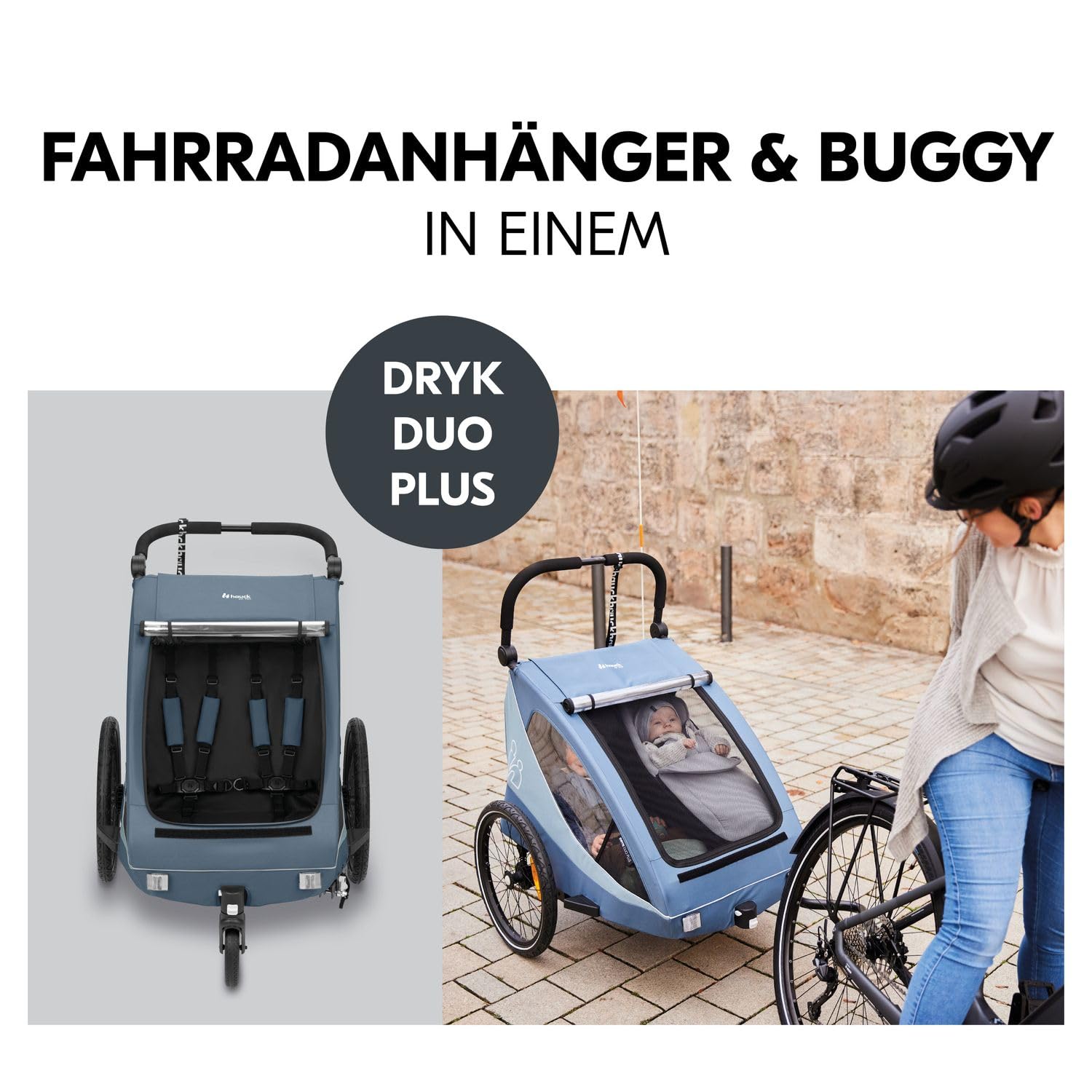 Hauck Dryk Duo Plus Set – Fahrradanhänger inkl. Baby Lounger, Sonnensegel & Regenschutz – für 2 Kinder, faltbar, gefedert & mit Kinderwagen-Funktion