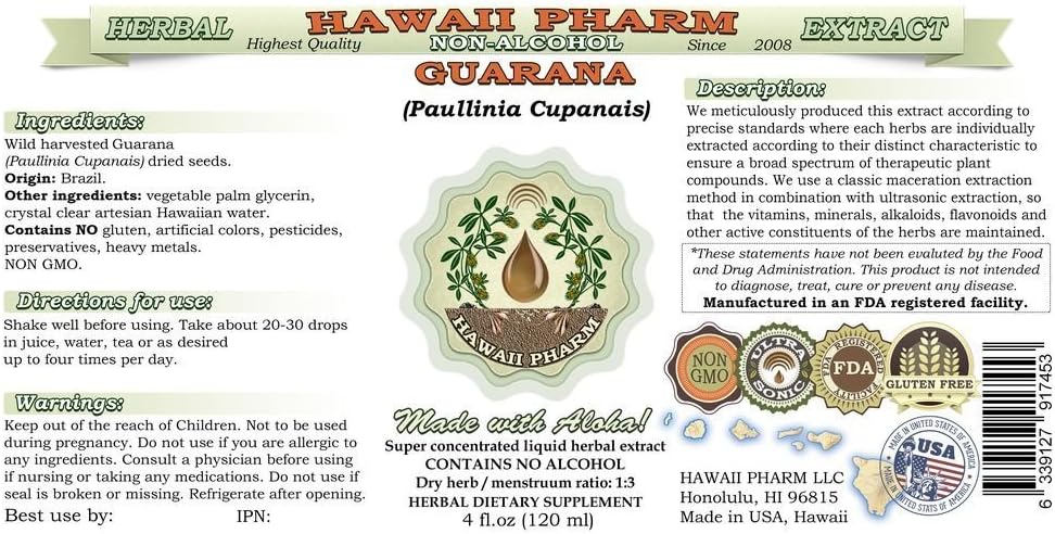 Hawaii Pharm Guarana Alcohol-Free Liquid Extract, Guarana (Paullinia Cupanais) Dried Seed Glycerite Natural Herbal Supplement 2x2 oz
