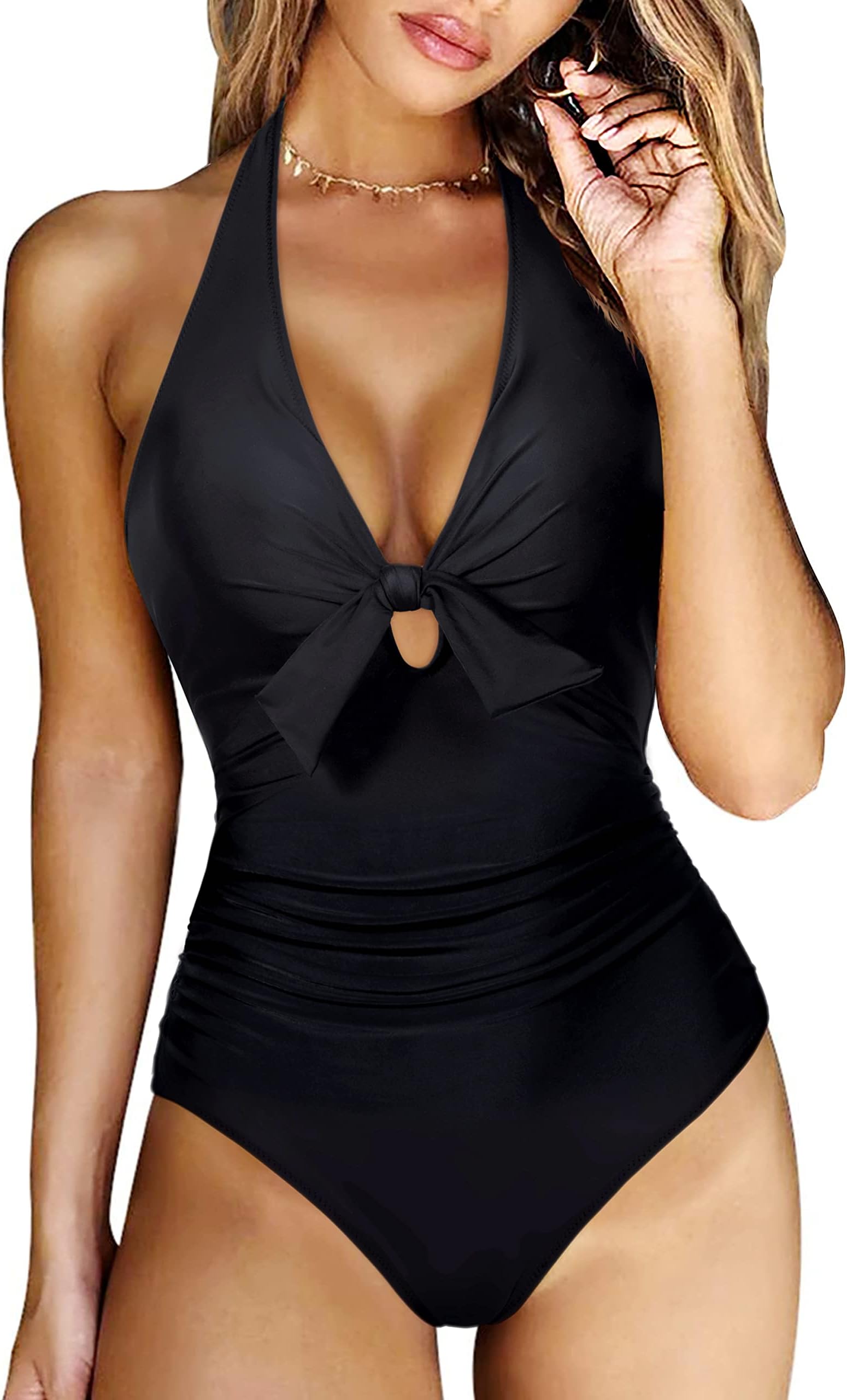 Tie Knotted Swimming Costume Women Tummy Control Push Up Swimsuit Halter V Neck Padded One Piece Swimwear
