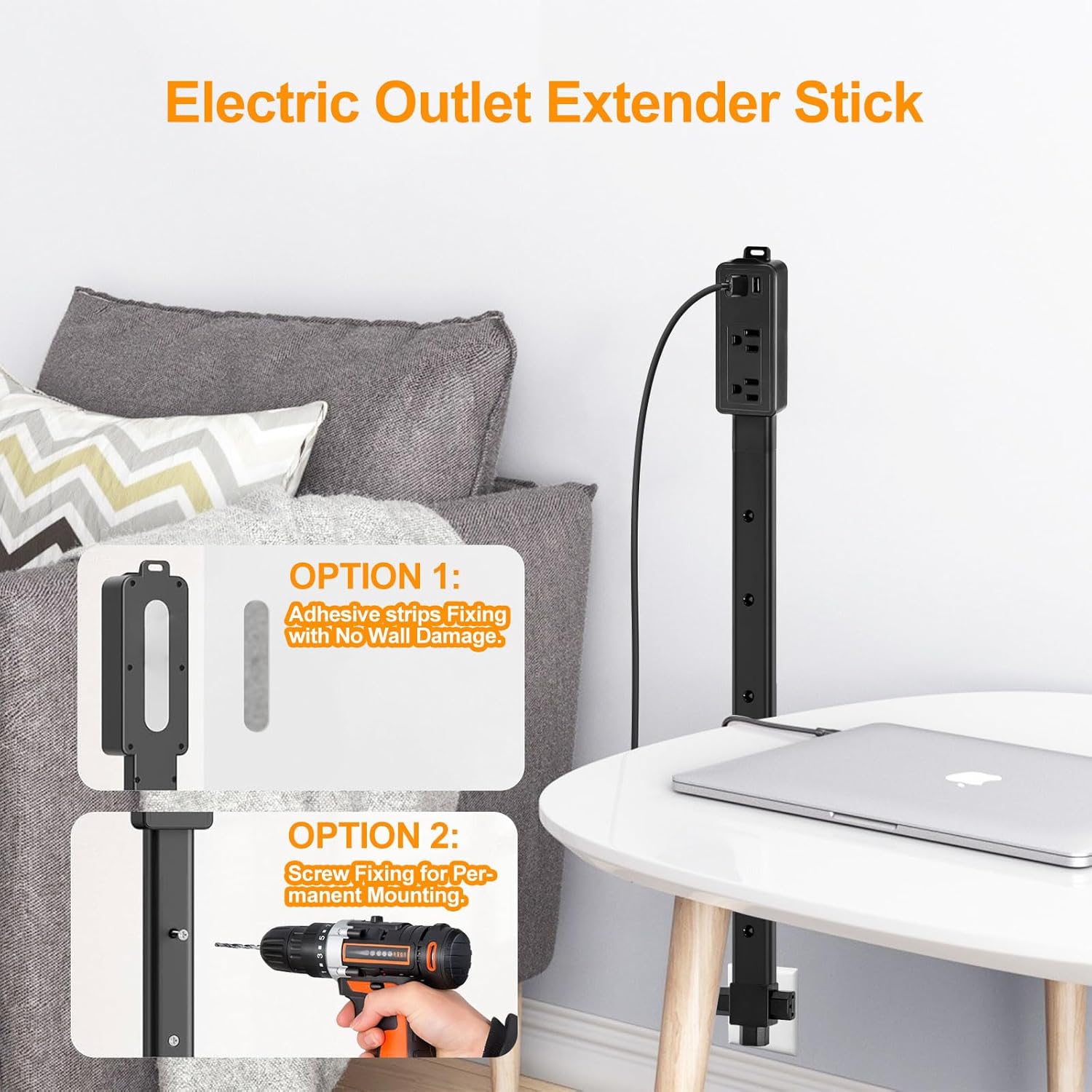 Electrical Outlet Extender Stick 8"-36" Modular Expandable Power Extender Stick 360° Access Hard-to-Reach Outlets for Home Office Dorm Room Behind Furniture,Black