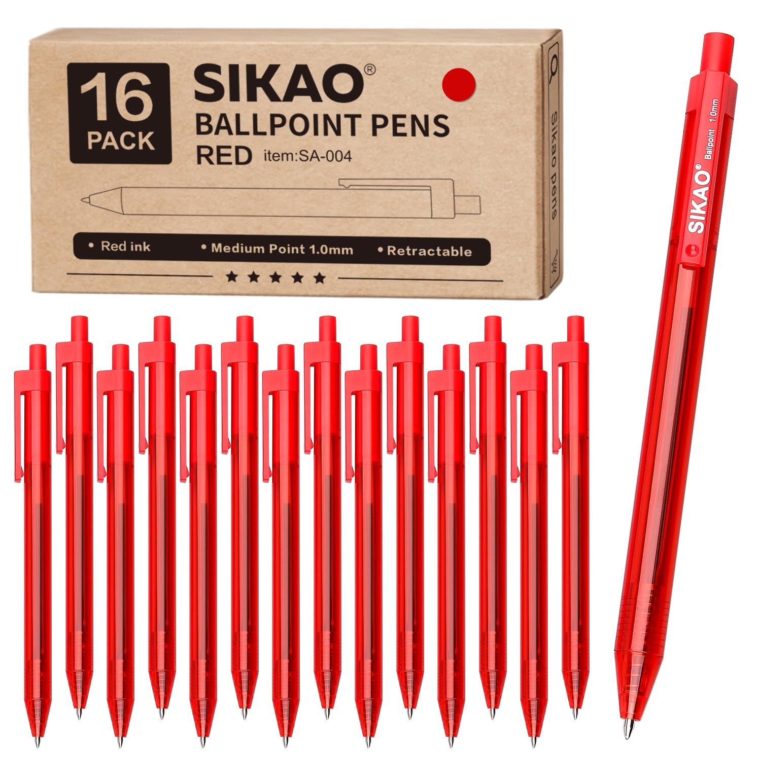 Sikao Red Pens | 16 Pack Retractable Ballpoint Pens Multipack | Red Ink Medium Point 1.0mm | Smooth Writing Ball Point | School Office Supplies, Box of Pens Bulk