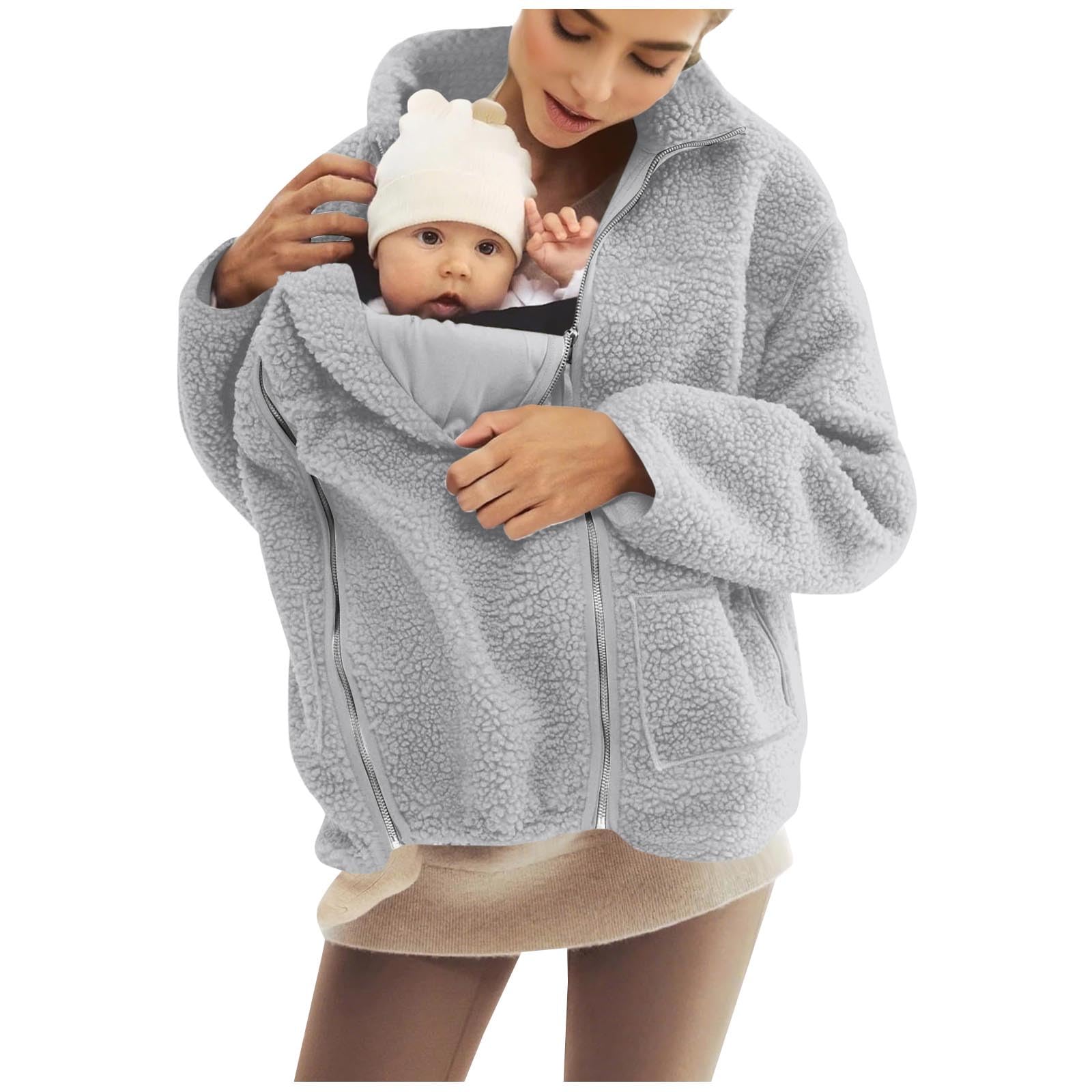 Jacken für Schwangere Winter Teddybär Umstandsmäntel Oversize Casual Flauschige Fleecejacke Langarm Reißverschluss Sweatshirts ohne Kapuze Outwear Thermo Warm Gemütlich Mantel Grau S