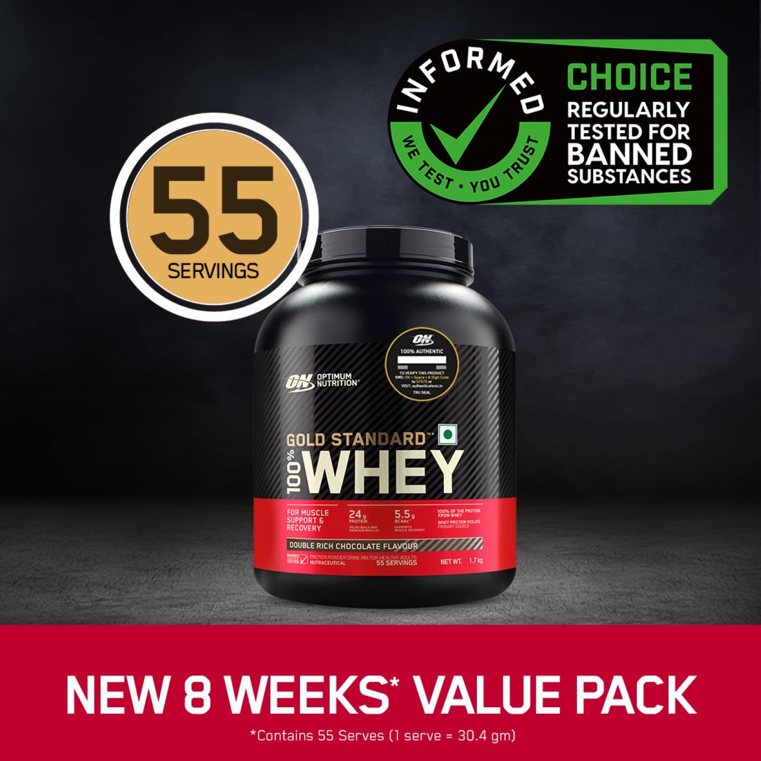 Optimum Nutrition (ON) Gold Standard 100% Whey Protein Powder 1.7 Kg (Double Rich Chocolate), 55 Serves, for Muscle Support & Recovery, Vegetarian - Primary Source Whey Isolate — Amazon image 4
