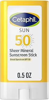 Cetaphil Sheer Mineral Sunscreen Stick for Face & Body, 0.5oz, 100% UVA/UVB Mineral Sunscreen: Zinc Oxide & Titanium Dioxide, Broad Spectrum SPF 50, For Sensitive Skin