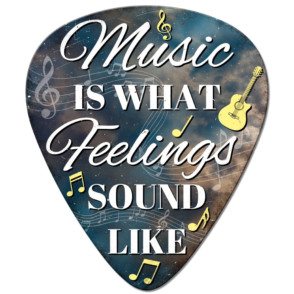 GLOBLELAND Guitar Pick Metal Tin Sign Vintage Music is What Feelings Sound Like Signs Plaque Poster Funny Music Notes Metal Wall Decoration for Home Kitchen Cafes Bars Artist Studio Restaurants