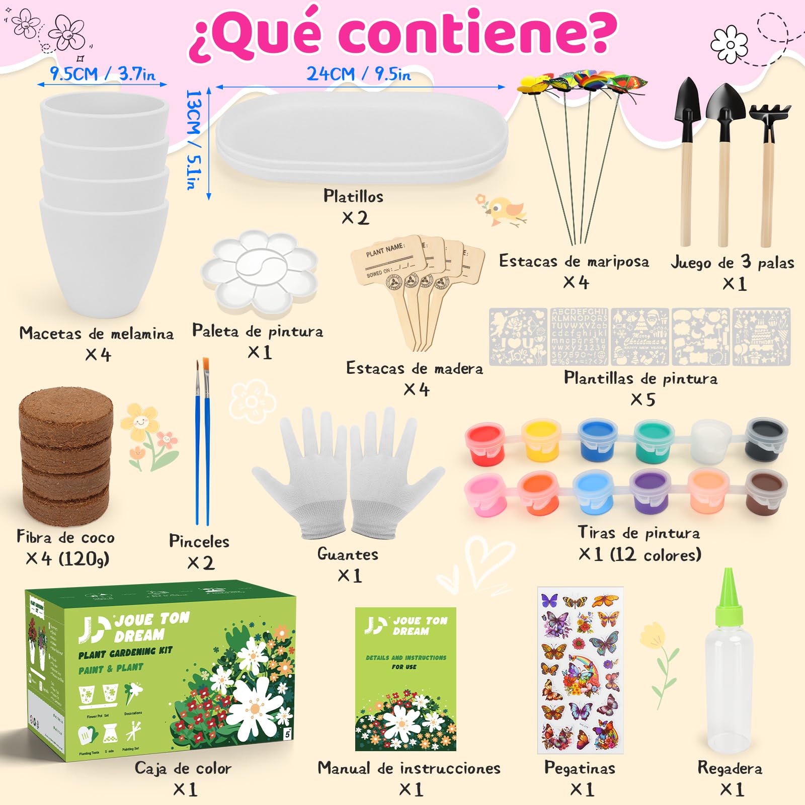 IEEILULU Kit Jardineria Niños, Set Macetas Pintar 35 Piezas, Kit DIY para Pintar Macetas con Herramientas de Jardinería para Niños, Set Huerto Infantil Manualidades Regalos para 3+ Años