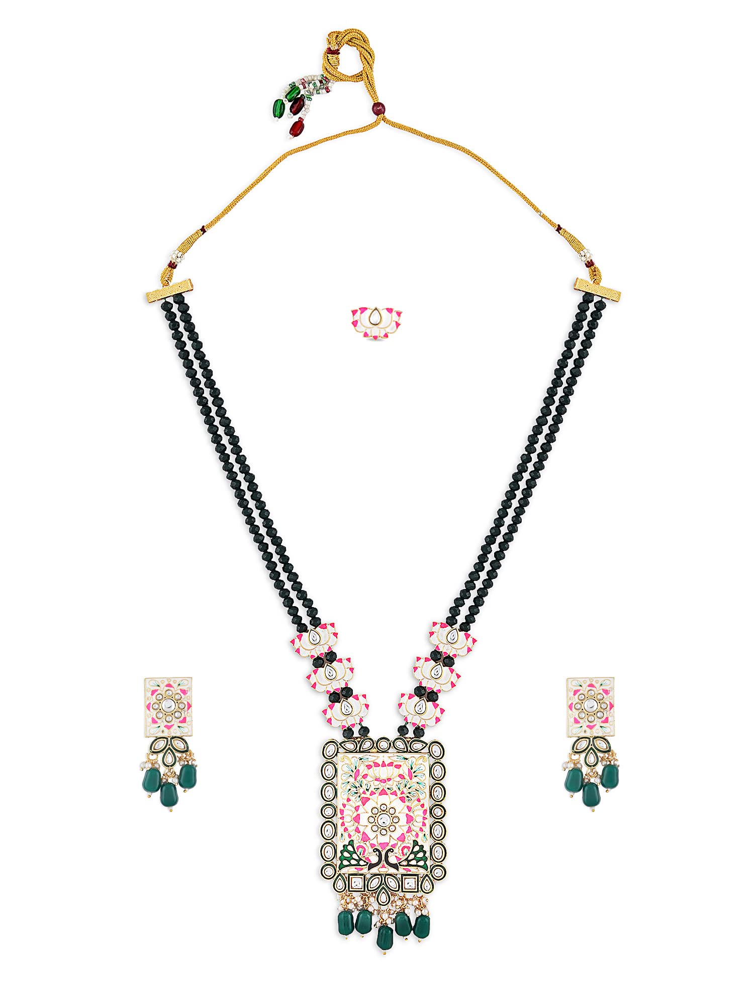 ZAVERI PEARLS Green Pink Peacock Lotus Meenakari Multistrand Beaded Necklace Earring Ring Set For Women-ZPFK16021 (B0C4H75MTN) Amazon Price History, Amazon Price Tracker