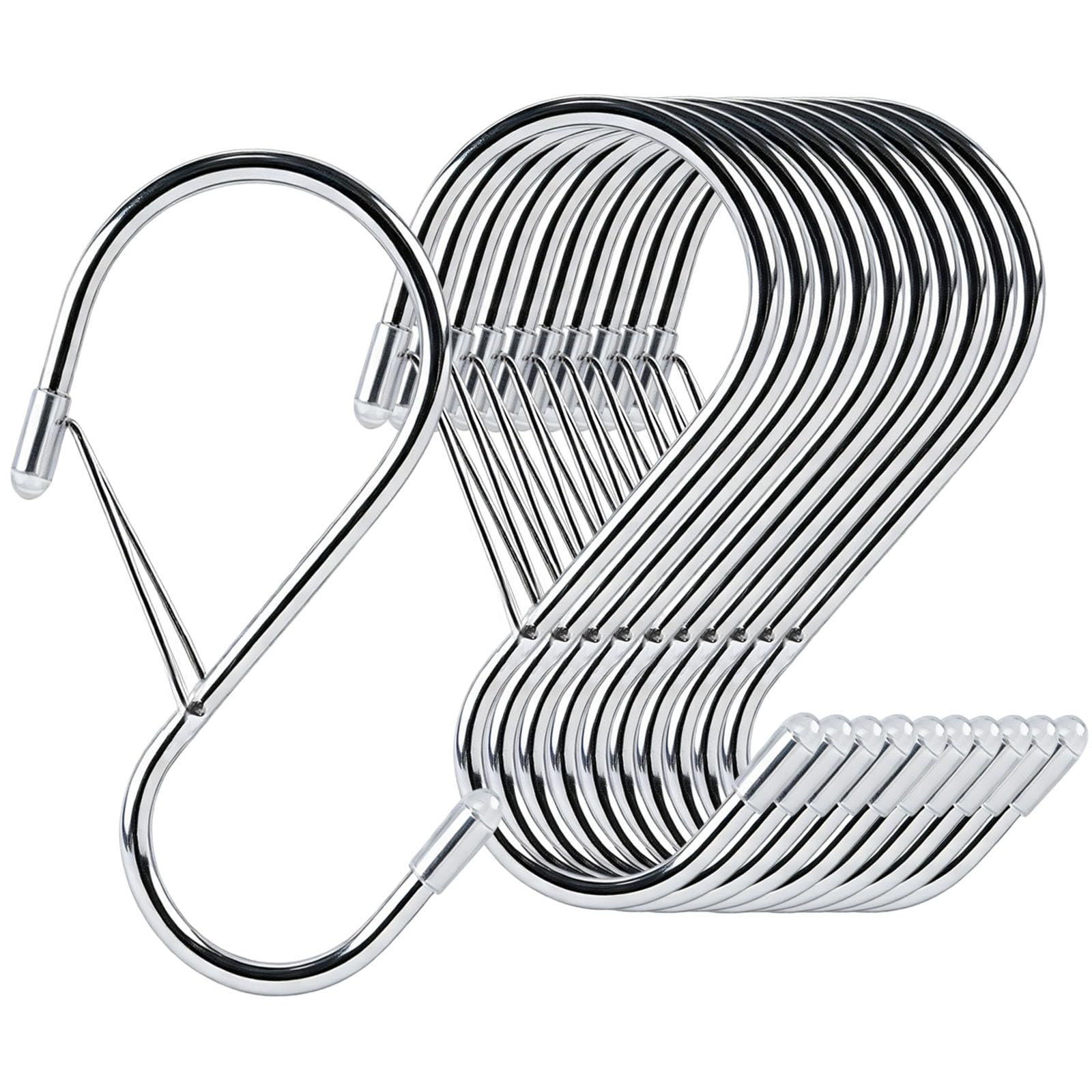 20 Pack Stainless Steel S Hooks with Safety Buckle, 10 cm Heavy Duty Large S Shaped Hooks, Fit Rods Up to 2.3cm Diameter, for Kitchen Utensils, Wardrobe, Garage Tools, Garden Plants & Outdoor Use