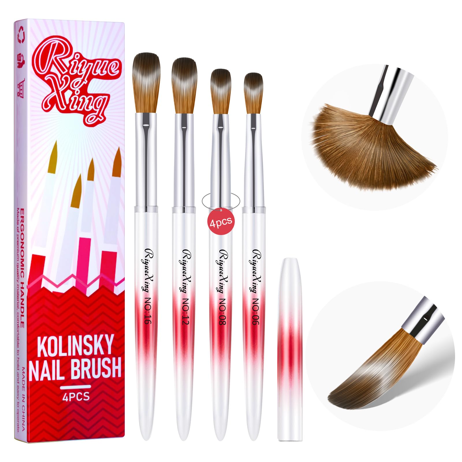 4PCS Acrylic Nail Brush Set, Kolinsky Hair, Oval Crimped Pressed Shaped, Size 6/8/12/16 - Red Metal Handle Professional Manicure Powder Brush for DIY