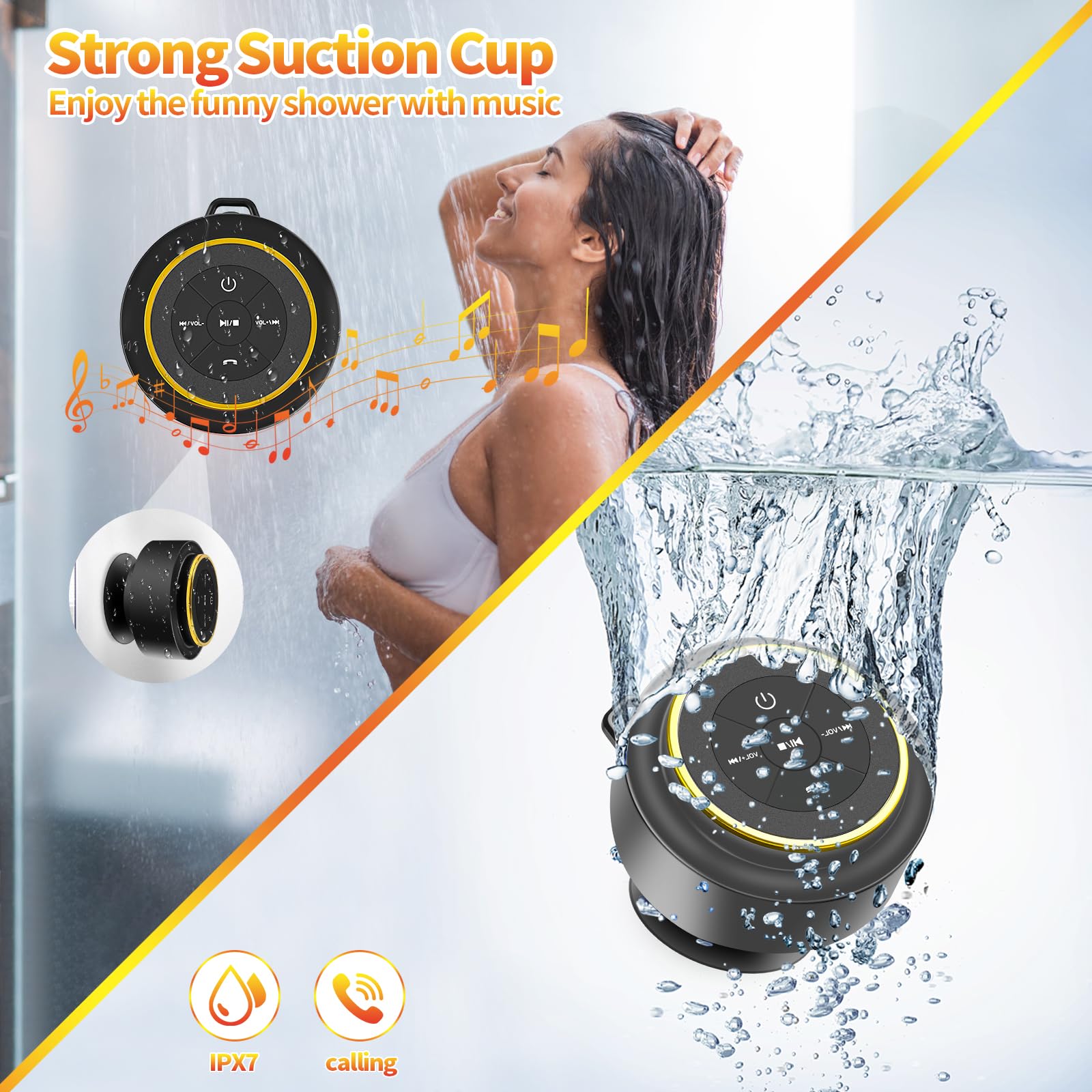 Altoparlante da doccia Bluetooth con moschettone, altoparlanti Bluetooth portatili con ventosa, impermeabile IP67, altoparlante wireless con luce LED, galleggiante, per campeggio, spiaggia,