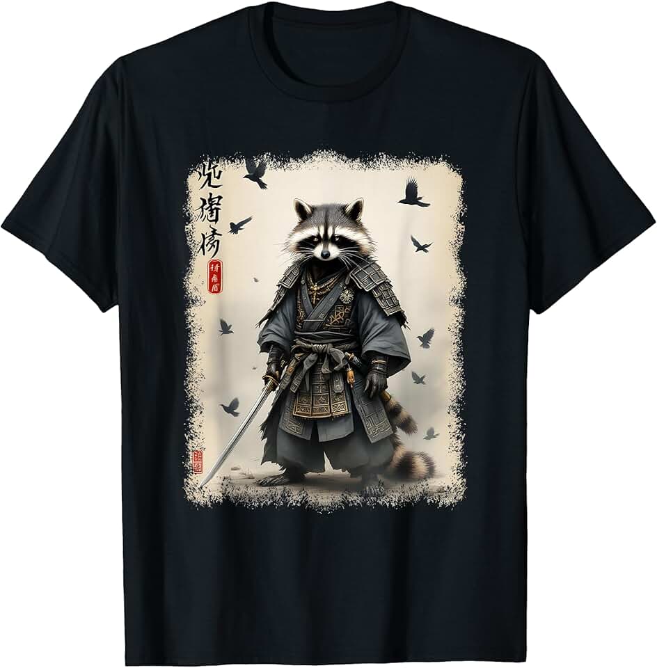 Ancient Martial Arts Japan Graphics & Gifts Samurai Raccoon, Japanese Warrior & Art | Vintage Anime T-Shirt