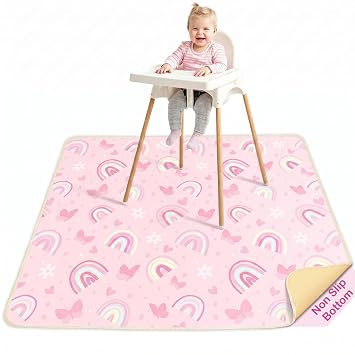 Basumee Splat Mat High Chair Mat Waterproof Baby Play Splat Mat for Under High Chair Food Catcher Highchair Mat for Floor Non Slip Bottom, Pink Rainbow, 46x42 Inches