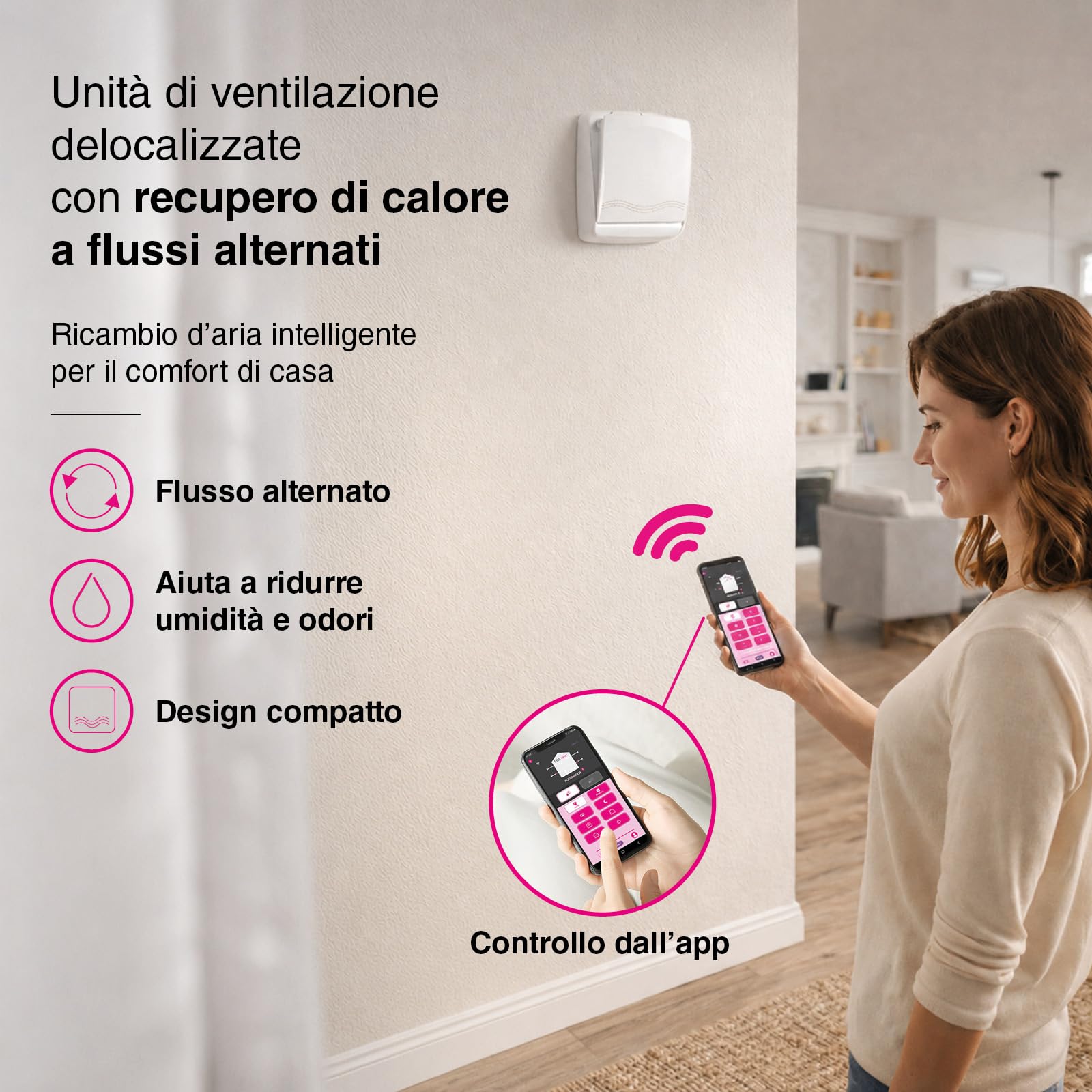 Flat 60 – Unità di Ventilazione Meccanica Controllata (VMC) decentralizzata con recupero di calore, portata 60 m³/h, controllo tramite App AgixPoint