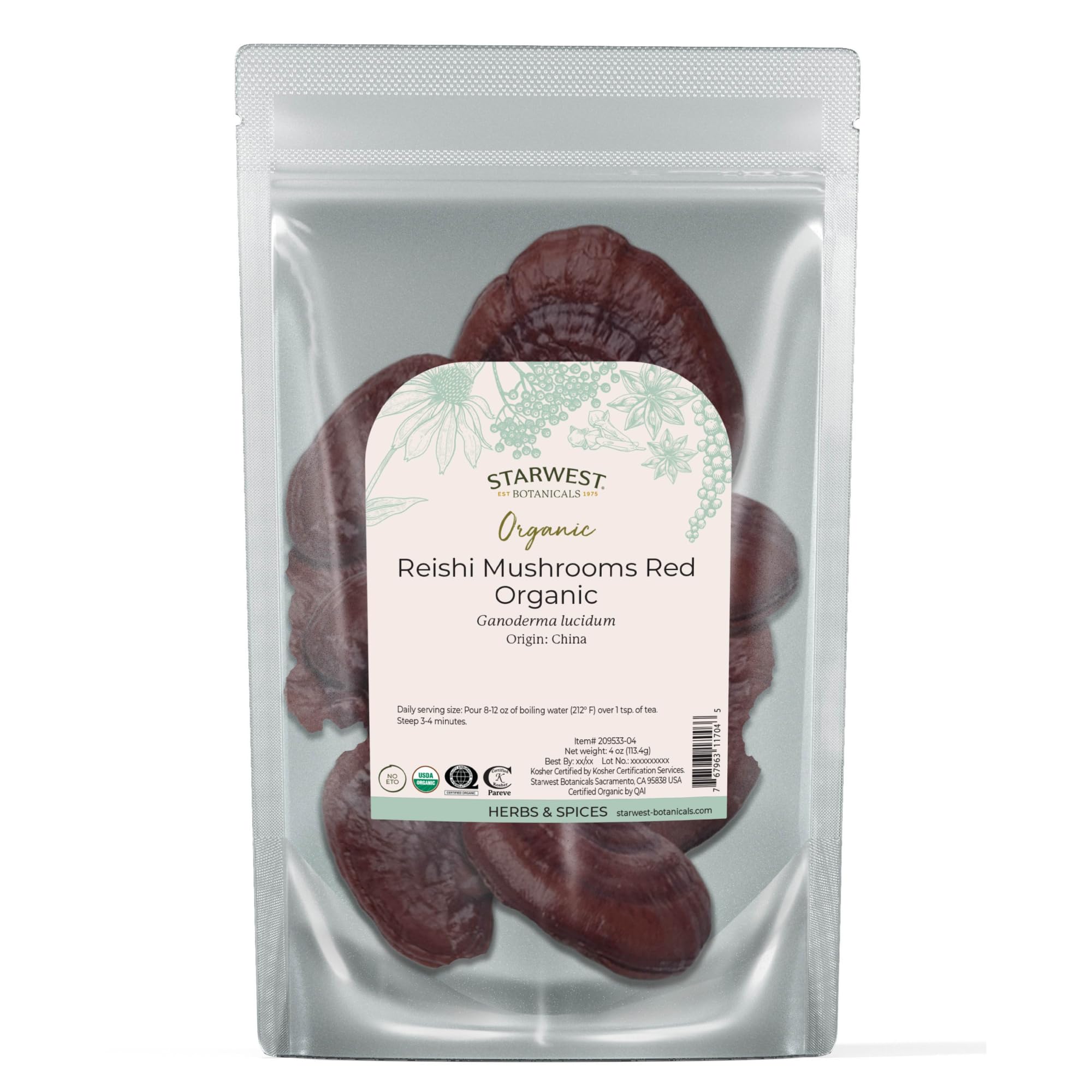 Starwest Botanicals Red Reishi Mushrooms Whole Organic - 4 oz Pouch