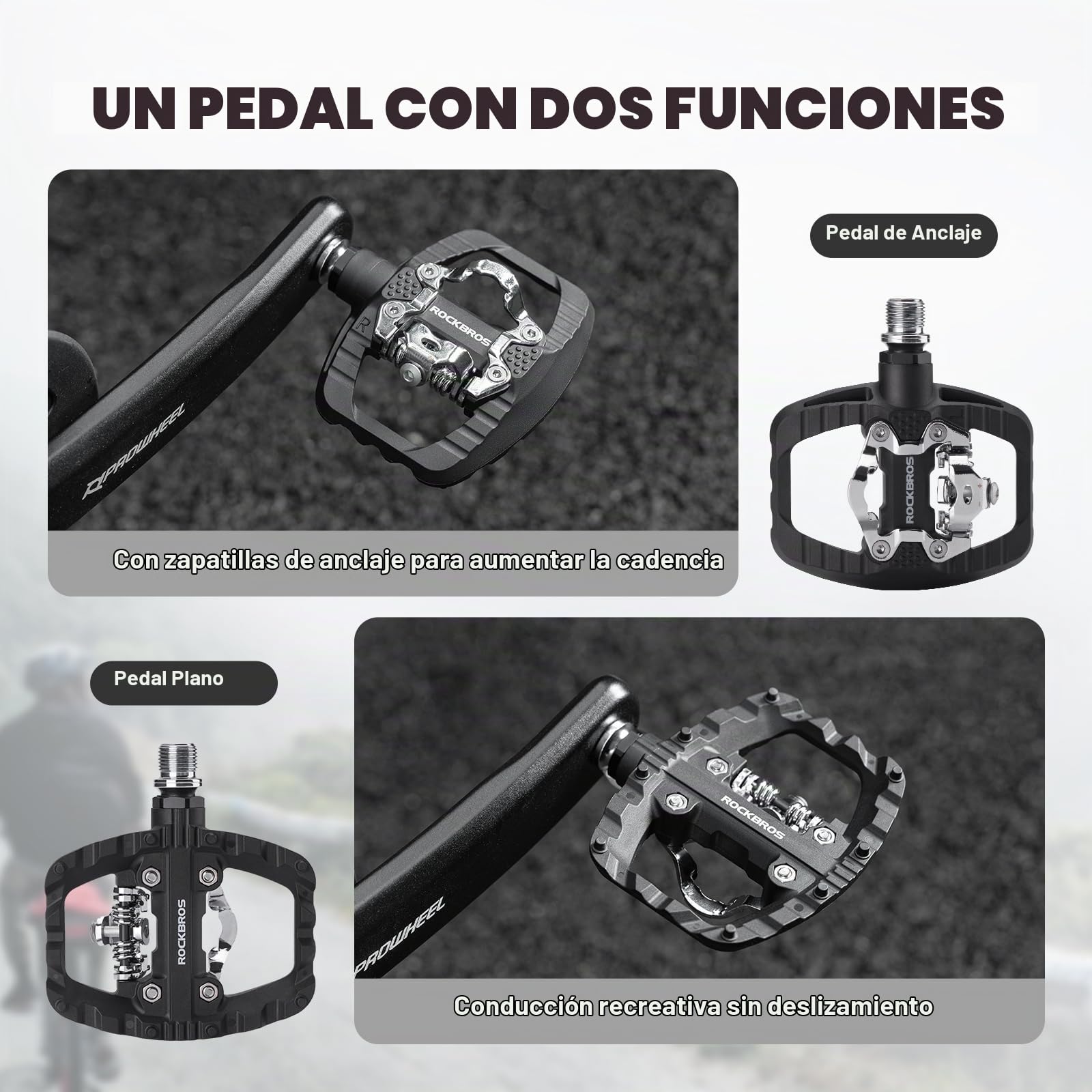ROCKBROS Pedales Mixtos de Doble Función para Bicicleta de 9/16" | Plataforma Antideslizante de Aluminio con Rodamientos Sellados para MTB, Gravel y Carretera