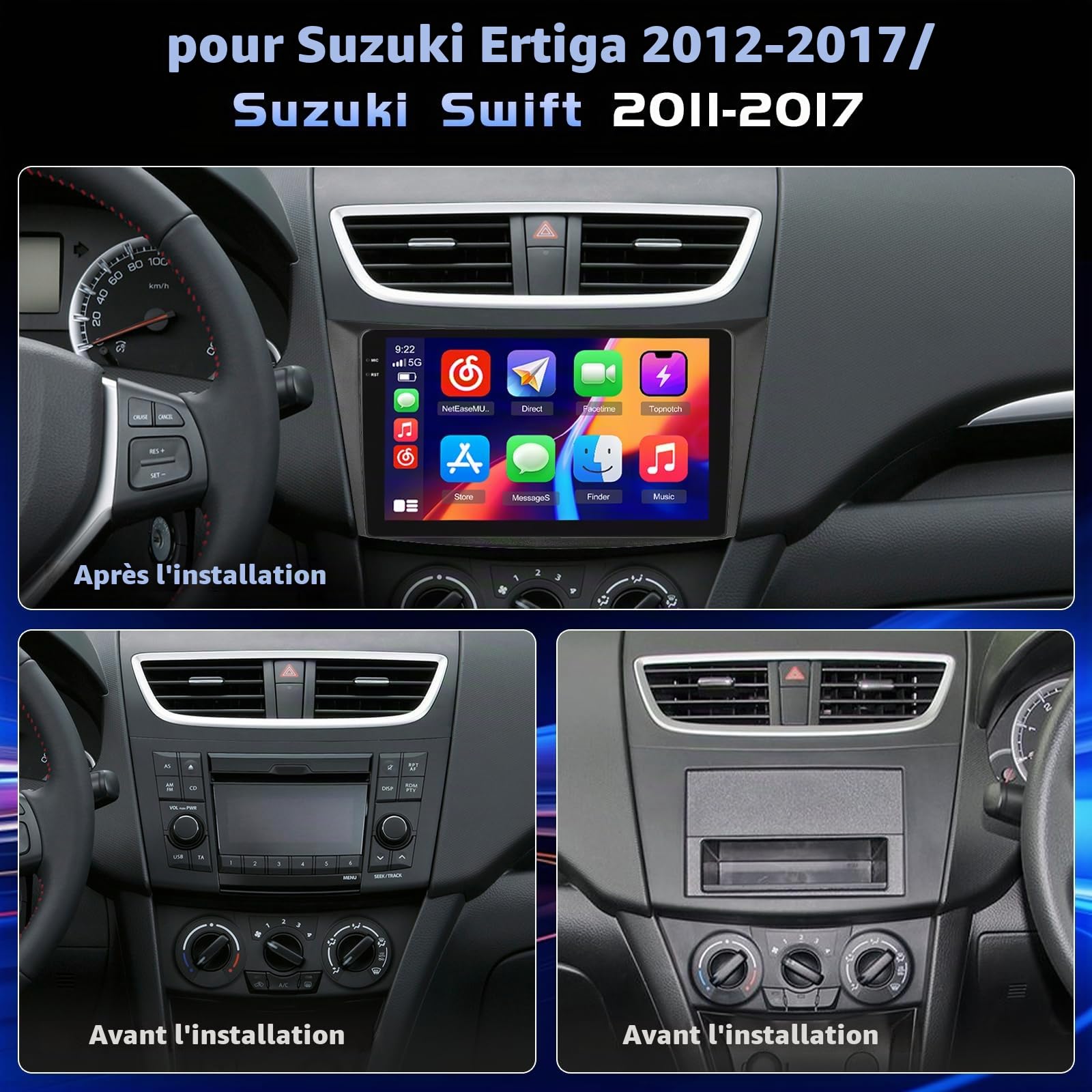 4+128G Android Autoradio pour Suzuki Ertiga 2012-2017 Suzuki Swift 2011-2017 sans Fil Carplay, 9 Pouces Incell écran Tactile pour Voiture avec Bluetooth 5.0/GPS/FM/RDS/EQ/Caméra de Recul