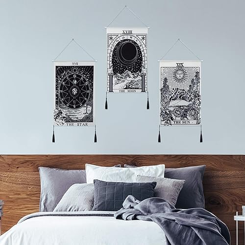 Miniatura 5 de Tapiz de tarjeta de tarot tapiz de luna estrella y sol tapiz de montaña tapiz de arte blanco y negro decoración para colgar en la pared del hogar