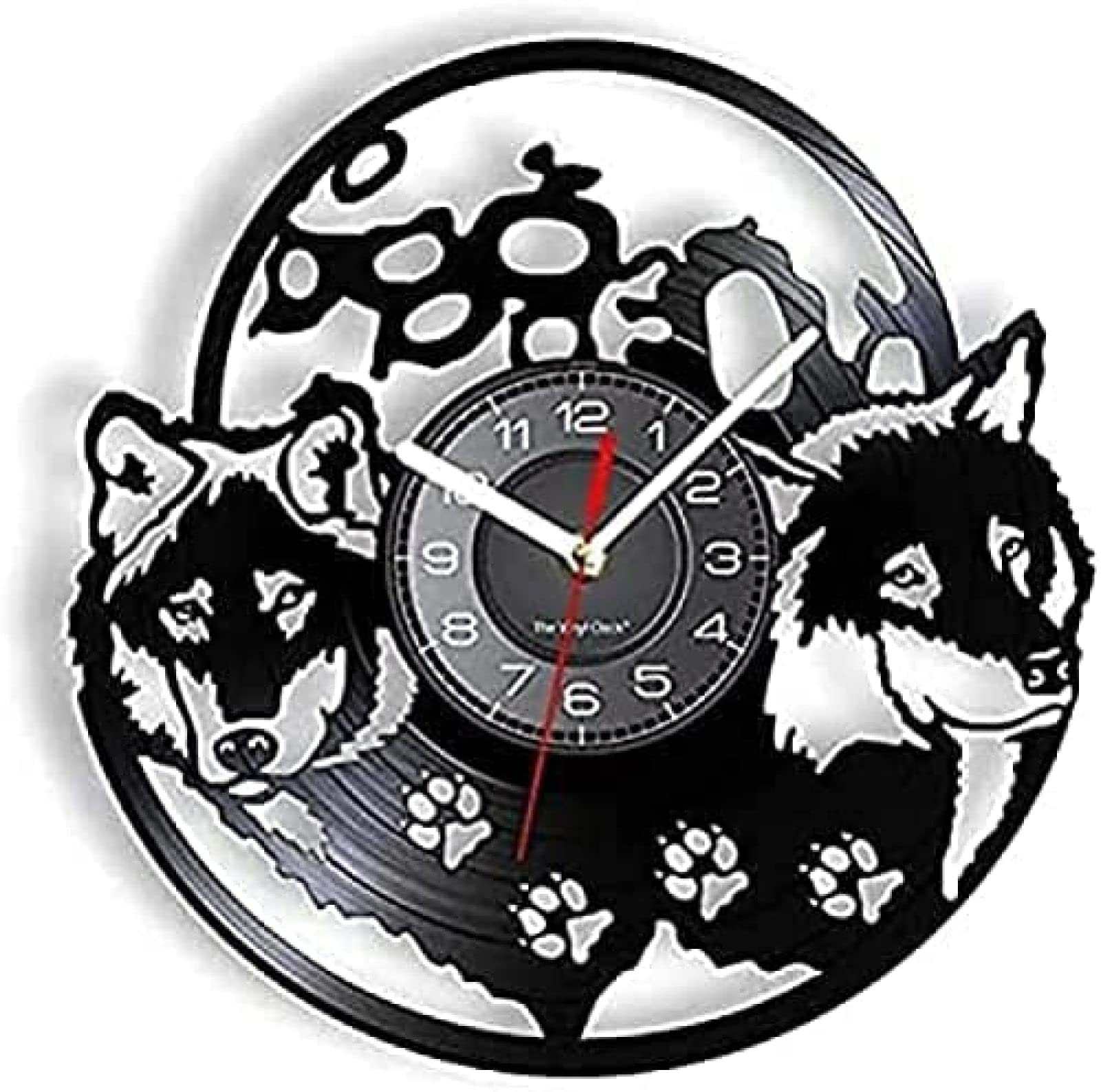 Horloge murale ronde loups découpés au laser montre murale rétro vinyle art