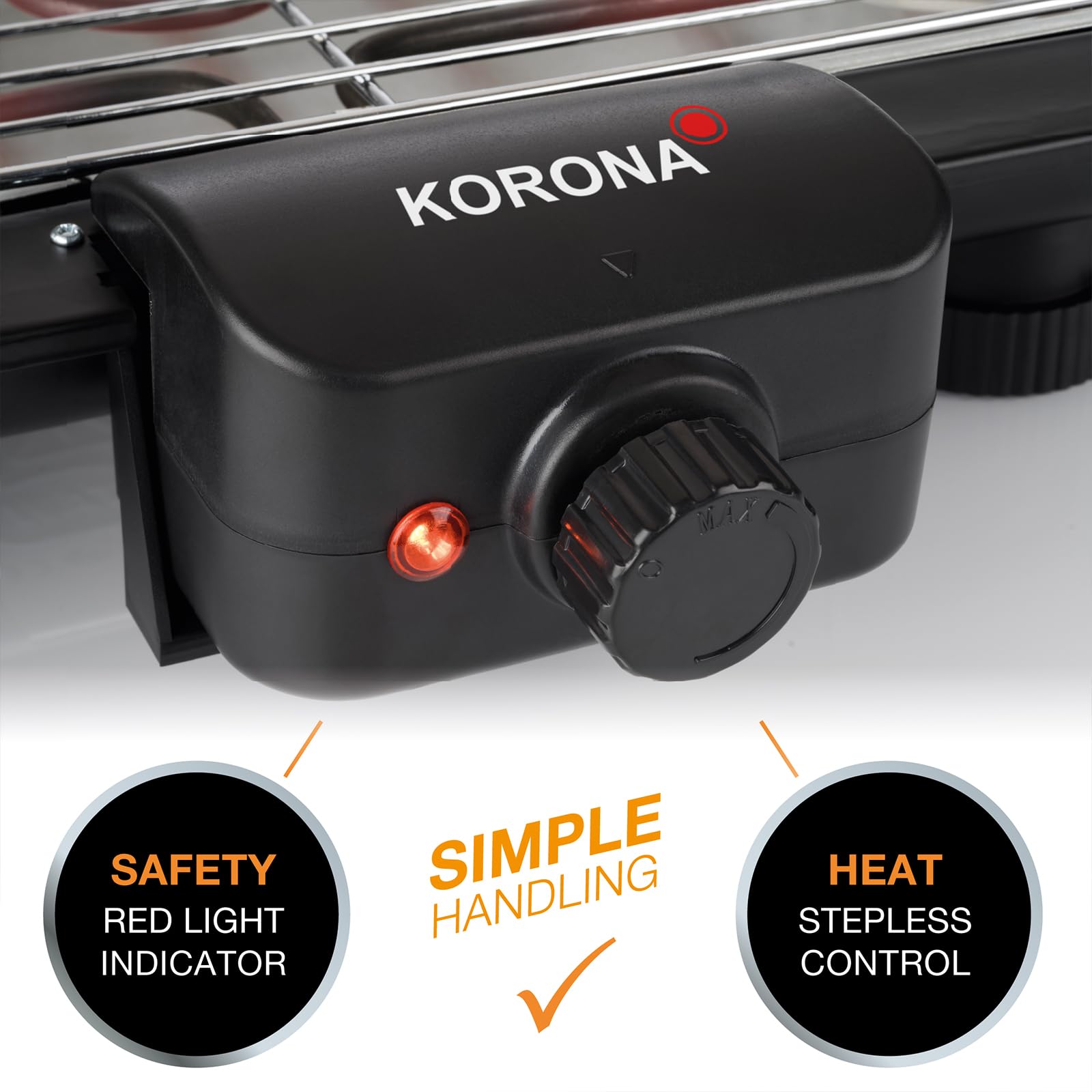 Korona 46221 Elektryczny grill stojący z rusztem do grillowania XXL (51 x 30 cm), 2200 W, ochrona przed wiatrem, lampka kontrolna, wyłącznik bezpieczeństwa, bezstopniowa regulacja temperatury